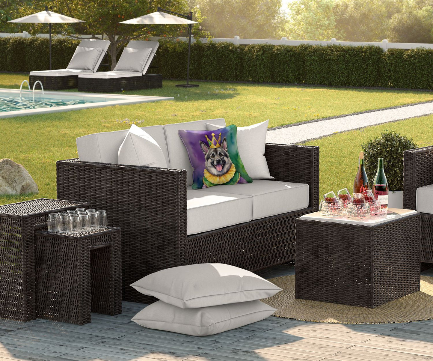 Norwegian Elkhound King of Mardi Gras Throw Pillow Machine Washable, Indoor Outdoor Decorative Pillow for Couch, Bed or Patio, 18Hx18W