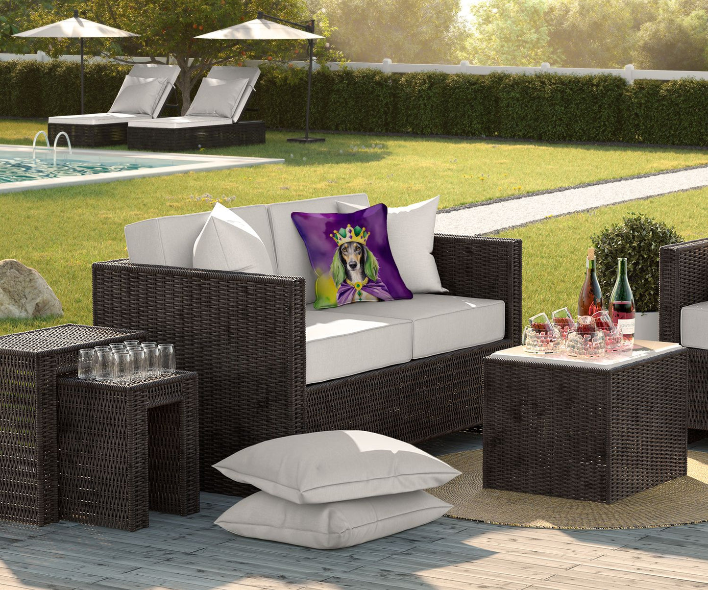 Saluki King of Mardi Gras Throw Pillow Machine Washable, Indoor Outdoor Decorative Pillow for Couch, Bed or Patio, 18Hx18W