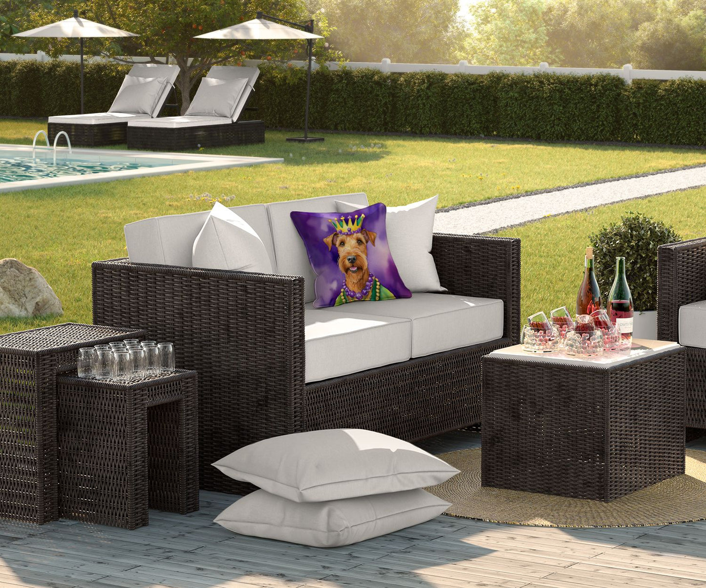 Irish Terrier King of Mardi Gras Throw Pillow Machine Washable, Indoor Outdoor Decorative Pillow for Couch, Bed or Patio, 18Hx18W