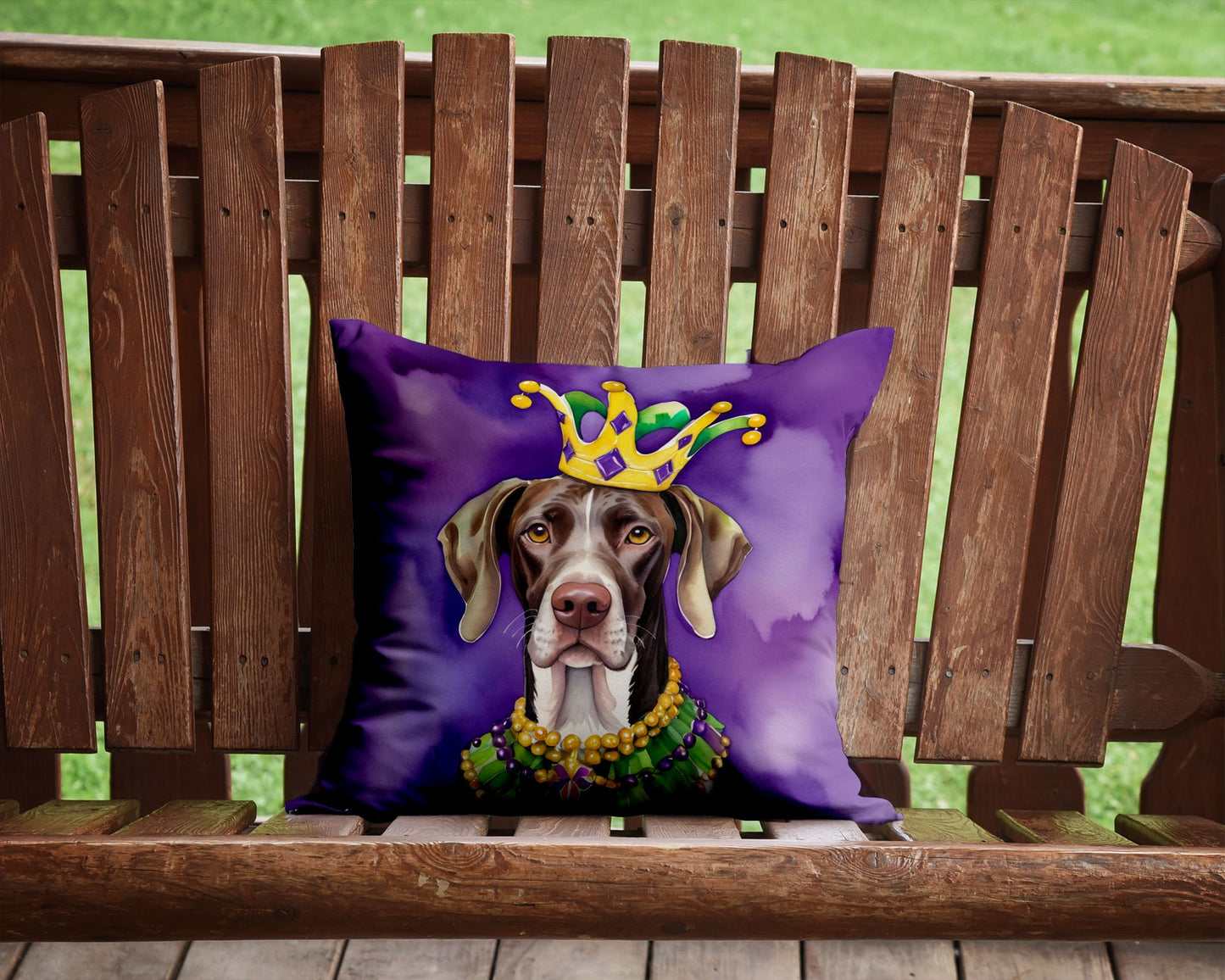 German Shorthaired Pointer King of Mardi Gras Throw Pillow Machine Washable, Indoor Outdoor Decorative Pillow for Couch, Bed or Patio, 14Hx14W