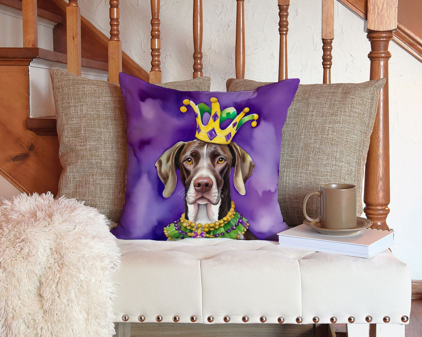 German Shorthaired Pointer King of Mardi Gras Throw Pillow Machine Washable, Indoor Outdoor Decorative Pillow for Couch, Bed or Patio, 14Hx14W