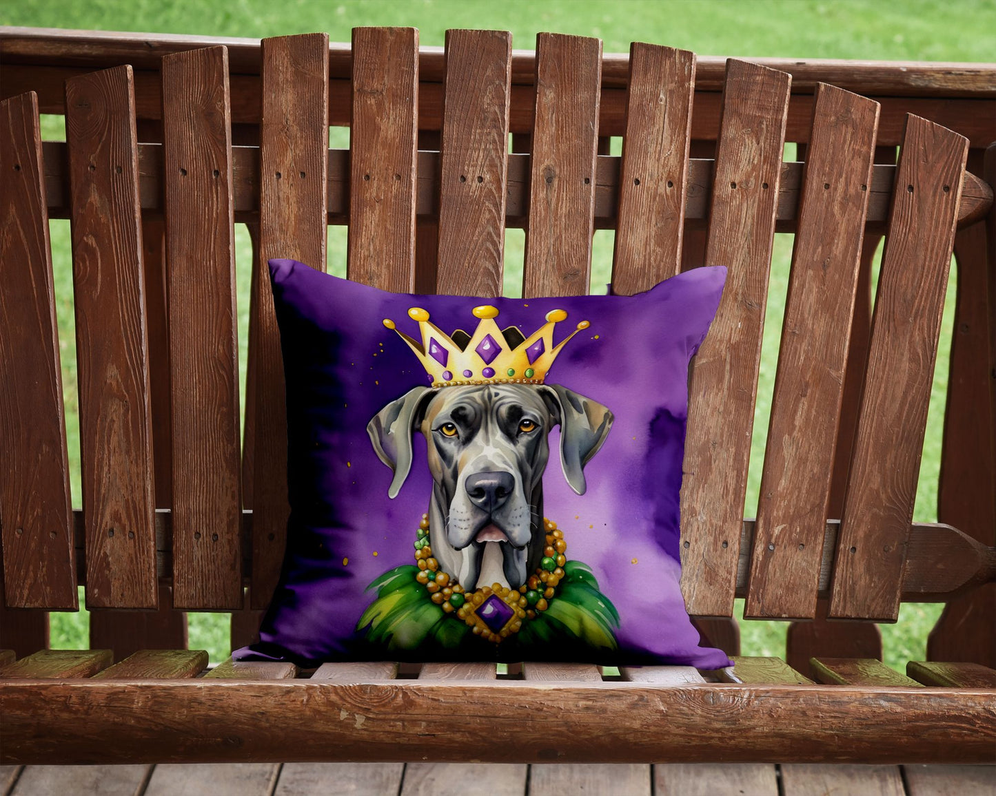 Great Dane King of Mardi Gras Throw Pillow Machine Washable, Indoor Outdoor Decorative Pillow for Couch, Bed or Patio, 14Hx14W