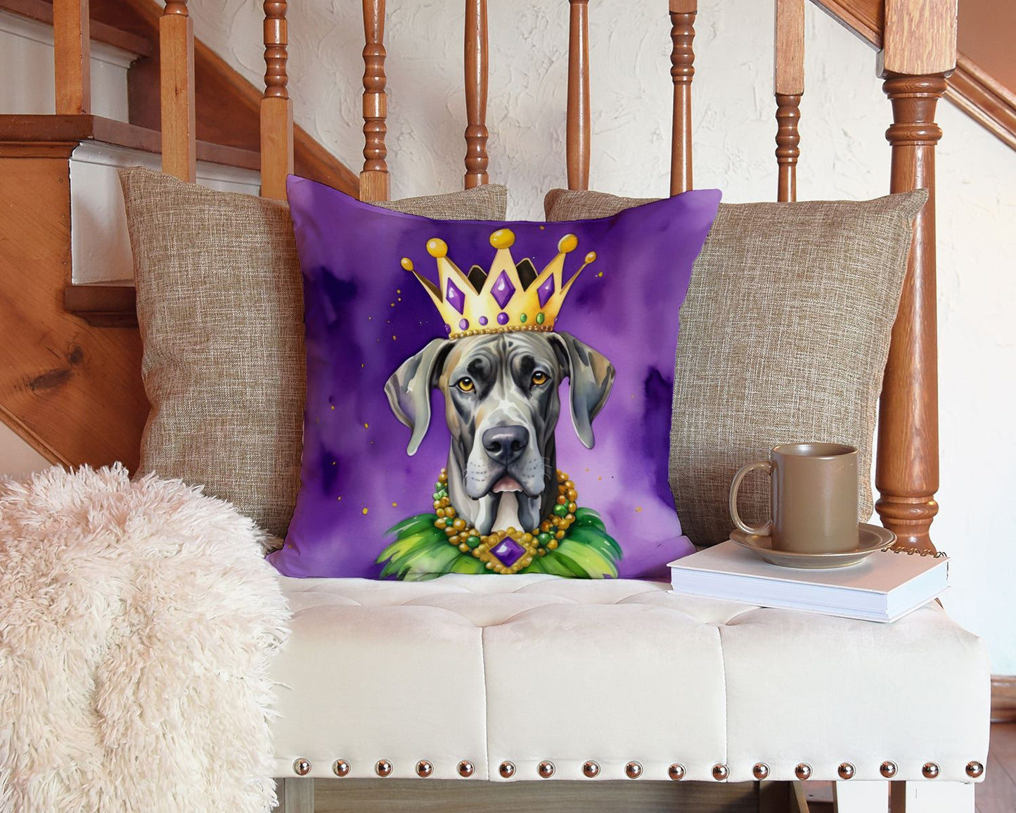 Great Dane King of Mardi Gras Throw Pillow Machine Washable, Indoor Outdoor Decorative Pillow for Couch, Bed or Patio, 14Hx14W