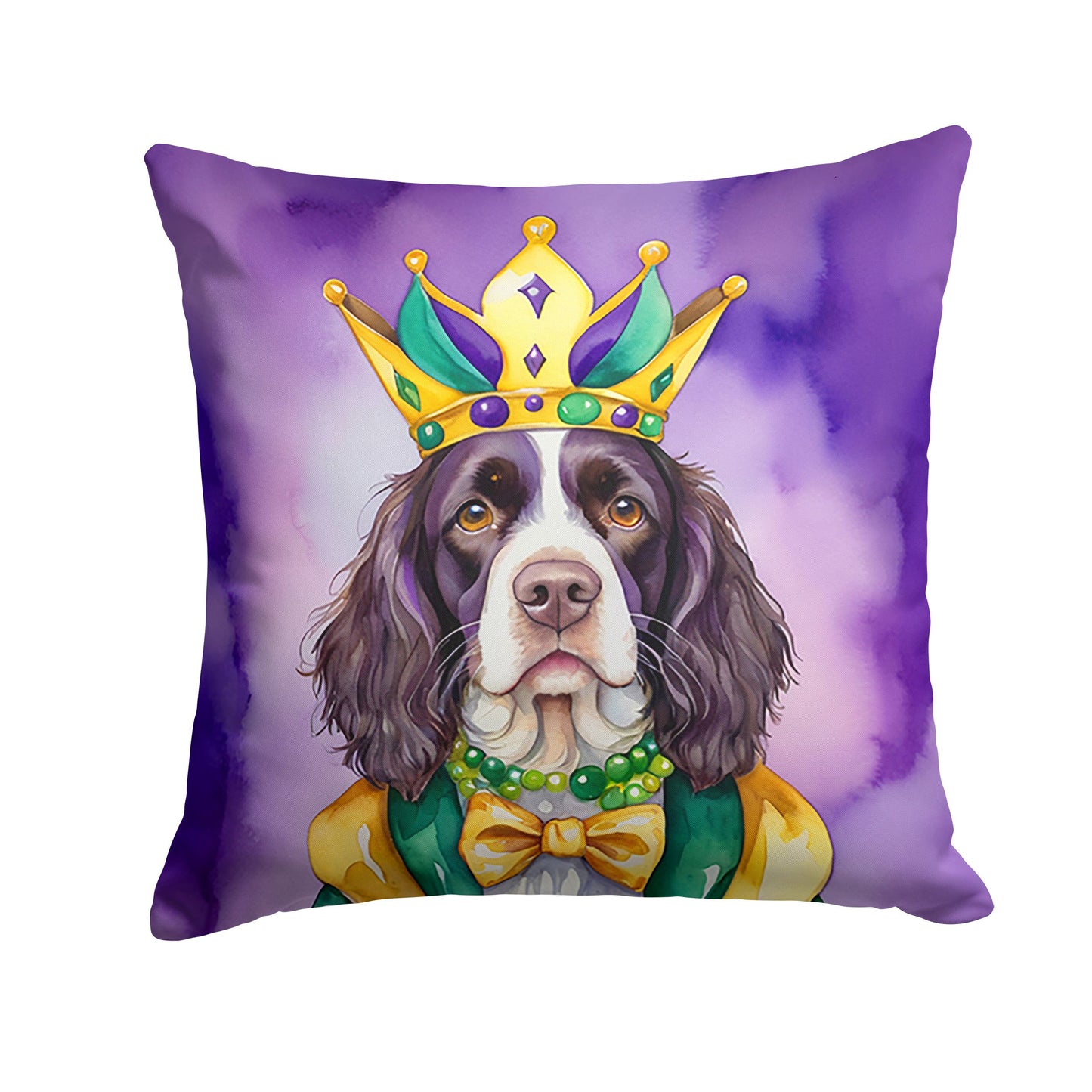 English Springer Spaniel King of Mardi Gras Throw Pillow Machine Washable, Indoor Outdoor Decorative Pillow for Couch, Bed or Patio, 14Hx14W