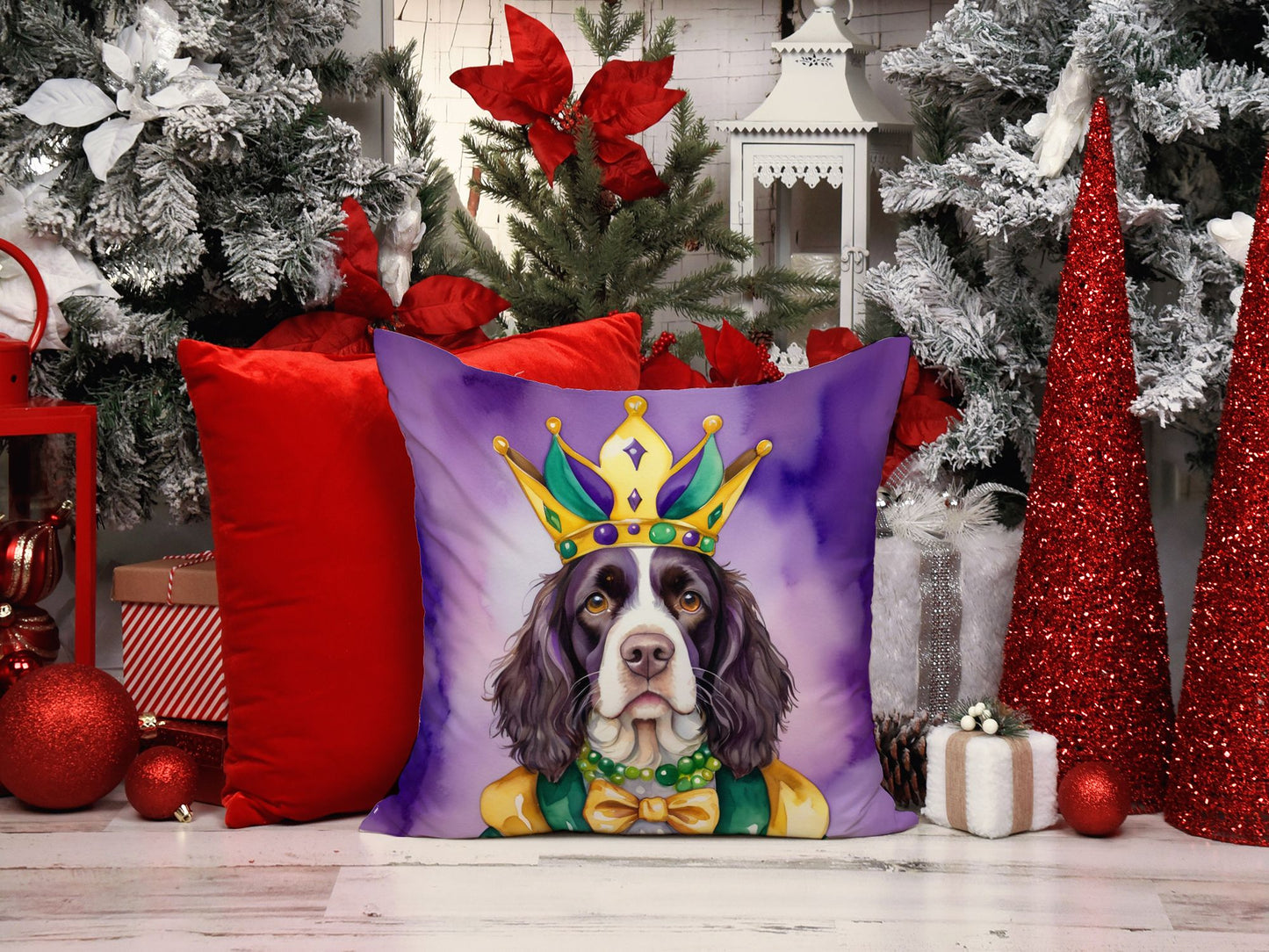 English Springer Spaniel King of Mardi Gras Throw Pillow Machine Washable, Indoor Outdoor Decorative Pillow for Couch, Bed or Patio, 14Hx14W