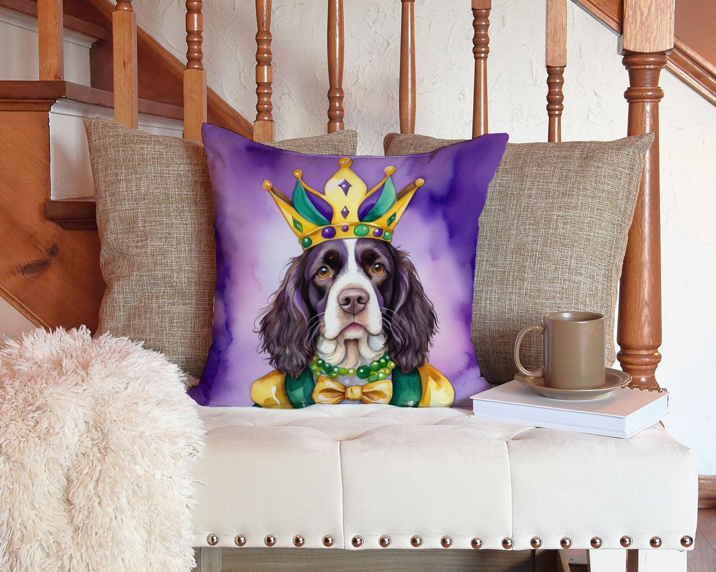 English Springer Spaniel King of Mardi Gras Throw Pillow Machine Washable, Indoor Outdoor Decorative Pillow for Couch, Bed or Patio, 14Hx14W