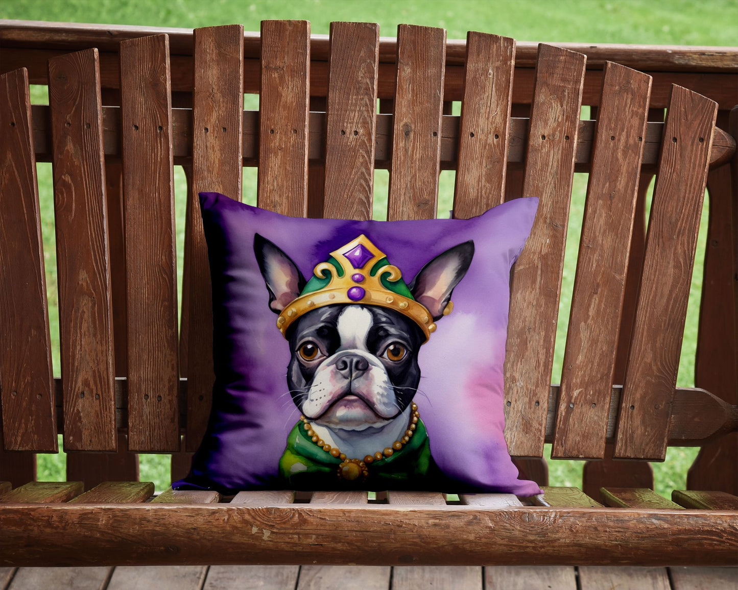 Boston Terrier King of Mardi Gras Throw Pillow Machine Washable, Indoor Outdoor Decorative Pillow for Couch, Bed or Patio, 14Hx14W