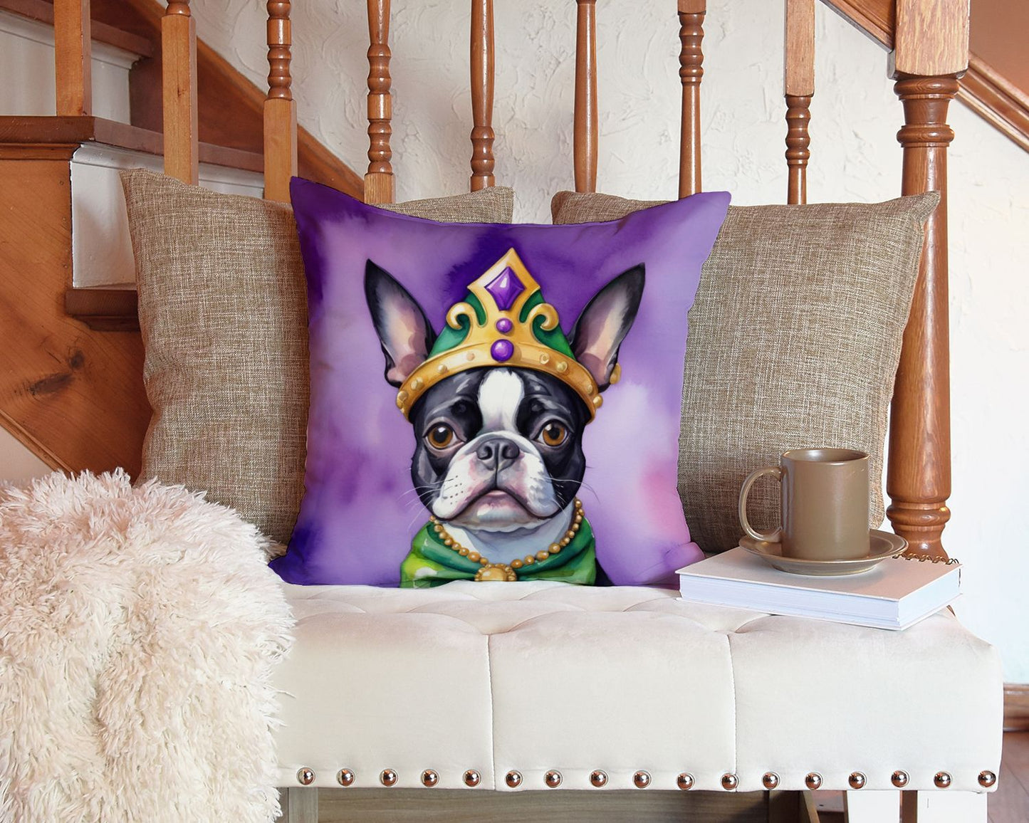 Boston Terrier King of Mardi Gras Throw Pillow Machine Washable, Indoor Outdoor Decorative Pillow for Couch, Bed or Patio, 14Hx14W
