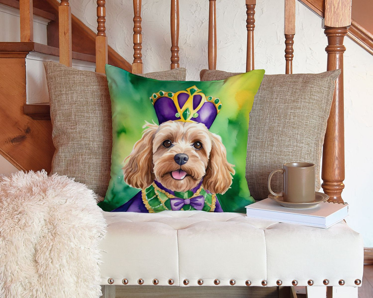 Cockapoo King of Mardi Gras Throw Pillow Machine Washable, Indoor Outdoor Decorative Pillow for Couch, Bed or Patio, 14Hx14W