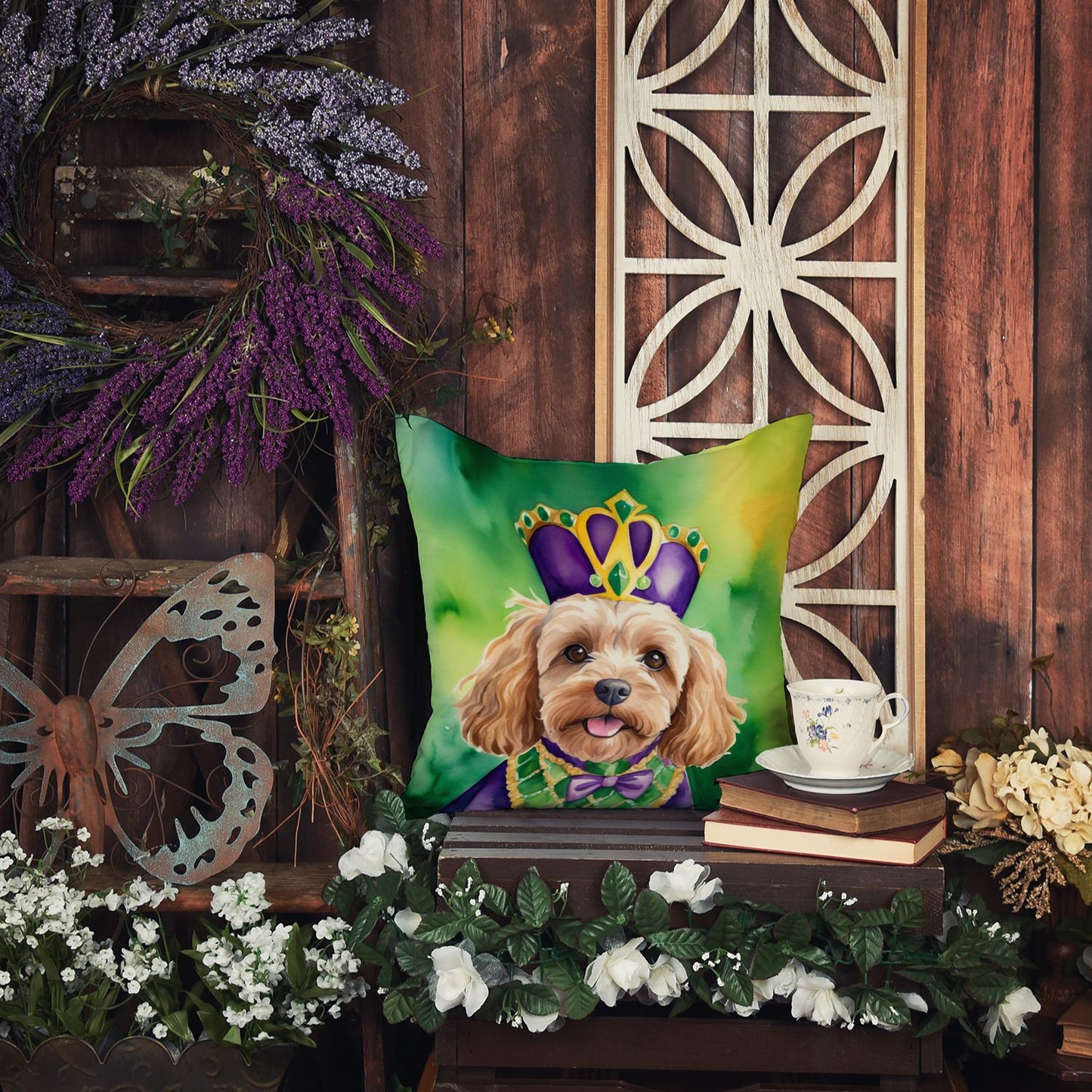 Cockapoo King of Mardi Gras Throw Pillow Machine Washable, Indoor Outdoor Decorative Pillow for Couch, Bed or Patio, 14Hx14W