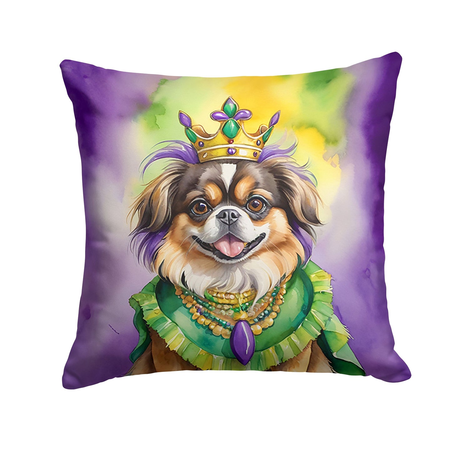 Tibetan Spaniel King of Mardi Gras Throw Pillow Machine Washable, Indoor Outdoor Decorative Pillow for Couch, Bed or Patio, 14Hx14W