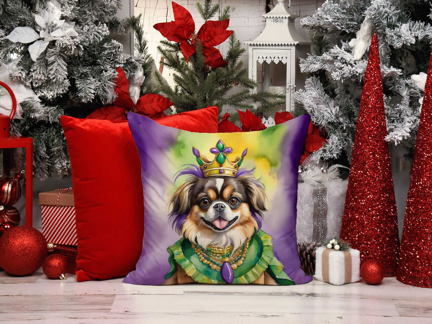 Tibetan Spaniel King of Mardi Gras Throw Pillow Machine Washable, Indoor Outdoor Decorative Pillow for Couch, Bed or Patio, 14Hx14W