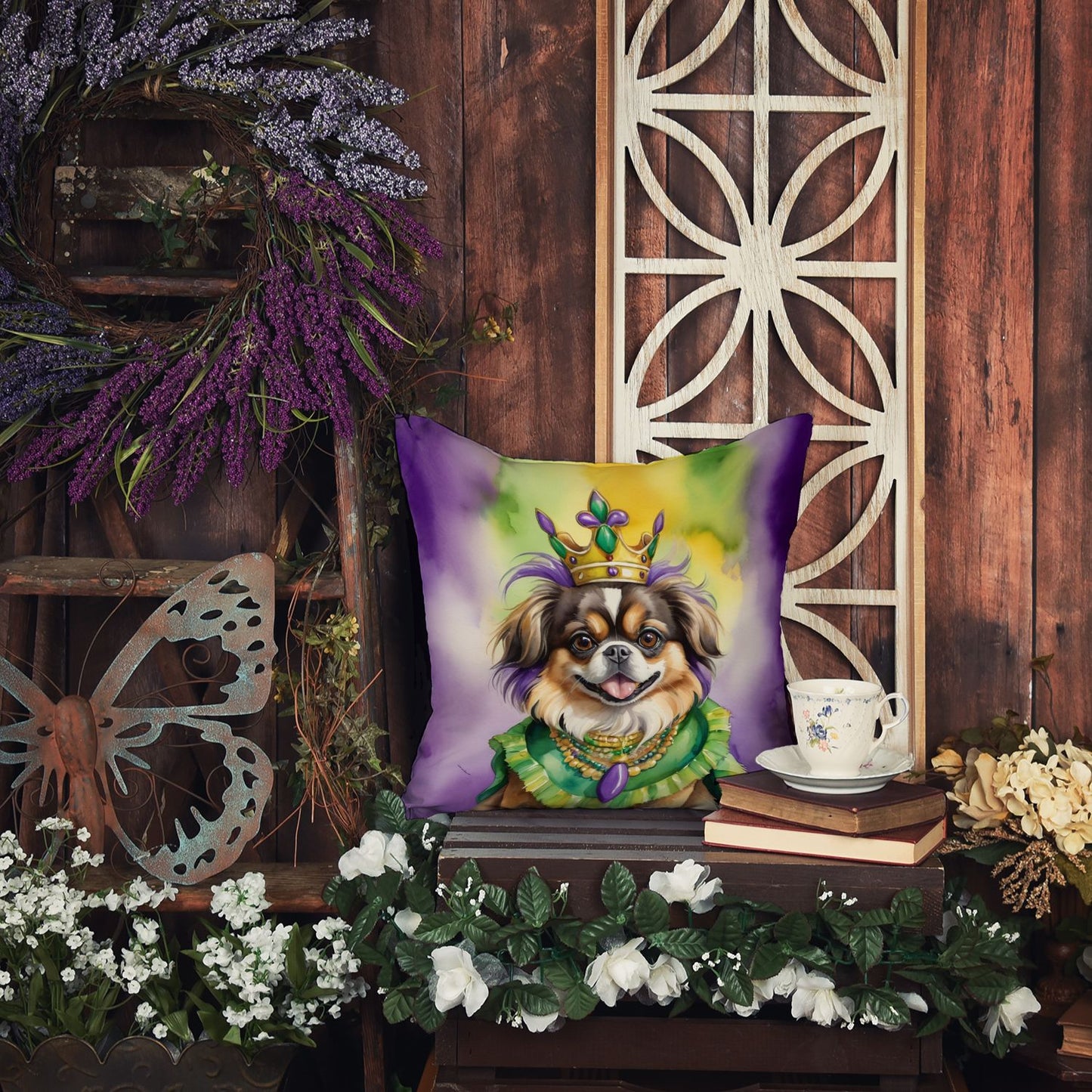 Tibetan Spaniel King of Mardi Gras Throw Pillow Machine Washable, Indoor Outdoor Decorative Pillow for Couch, Bed or Patio, 14Hx14W