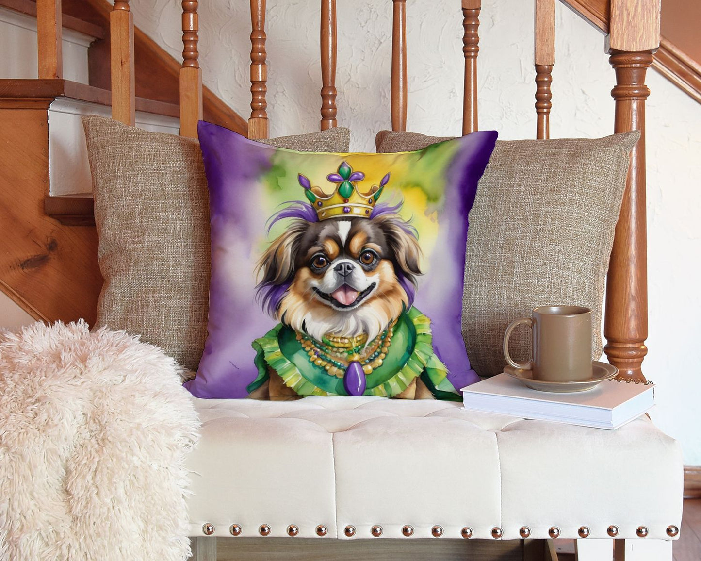 Tibetan Spaniel King of Mardi Gras Throw Pillow Machine Washable, Indoor Outdoor Decorative Pillow for Couch, Bed or Patio, 14Hx14W