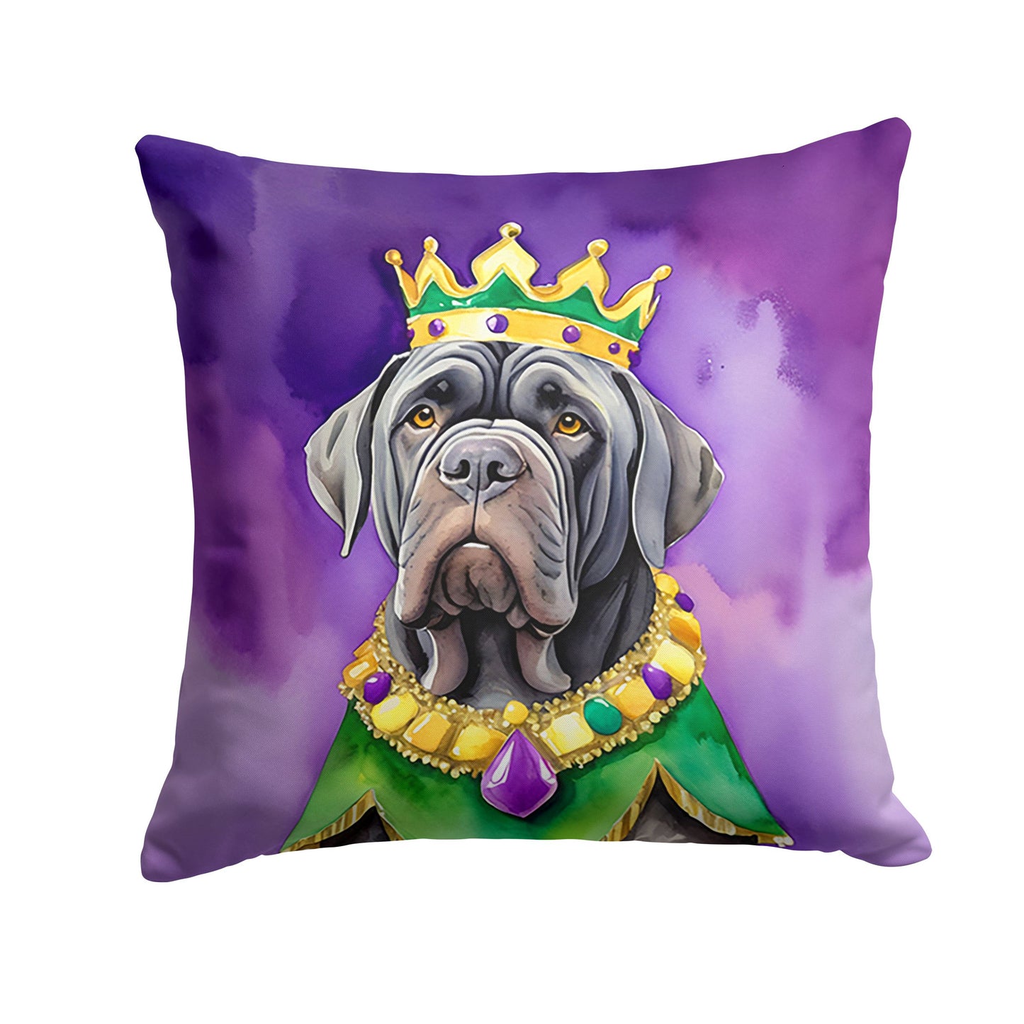 Neapolitan Mastiff King of Mardi Gras Throw Pillow Machine Washable, Indoor Outdoor Decorative Pillow for Couch, Bed or Patio, 14Hx14W