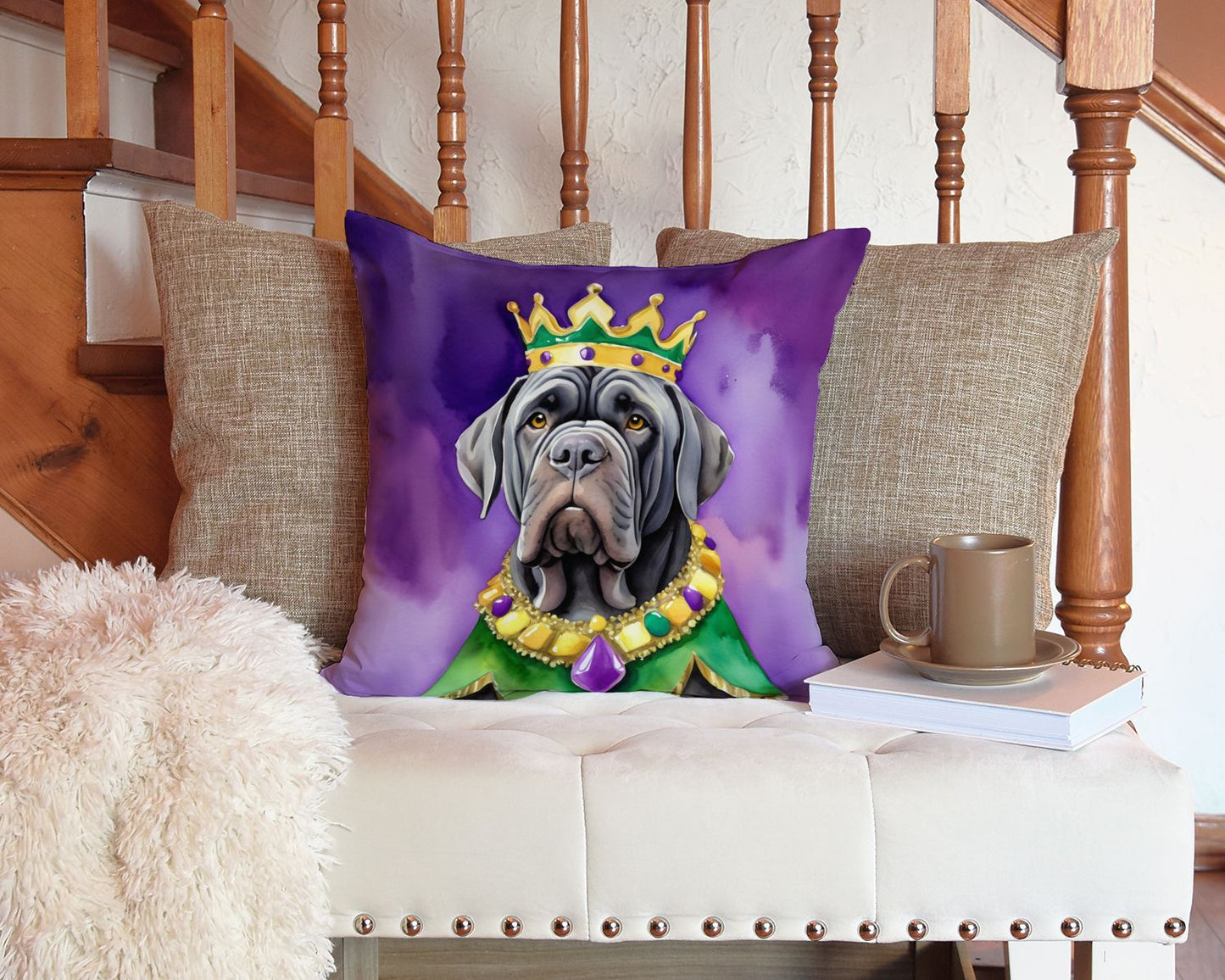 Neapolitan Mastiff King of Mardi Gras Throw Pillow Machine Washable, Indoor Outdoor Decorative Pillow for Couch, Bed or Patio, 14Hx14W