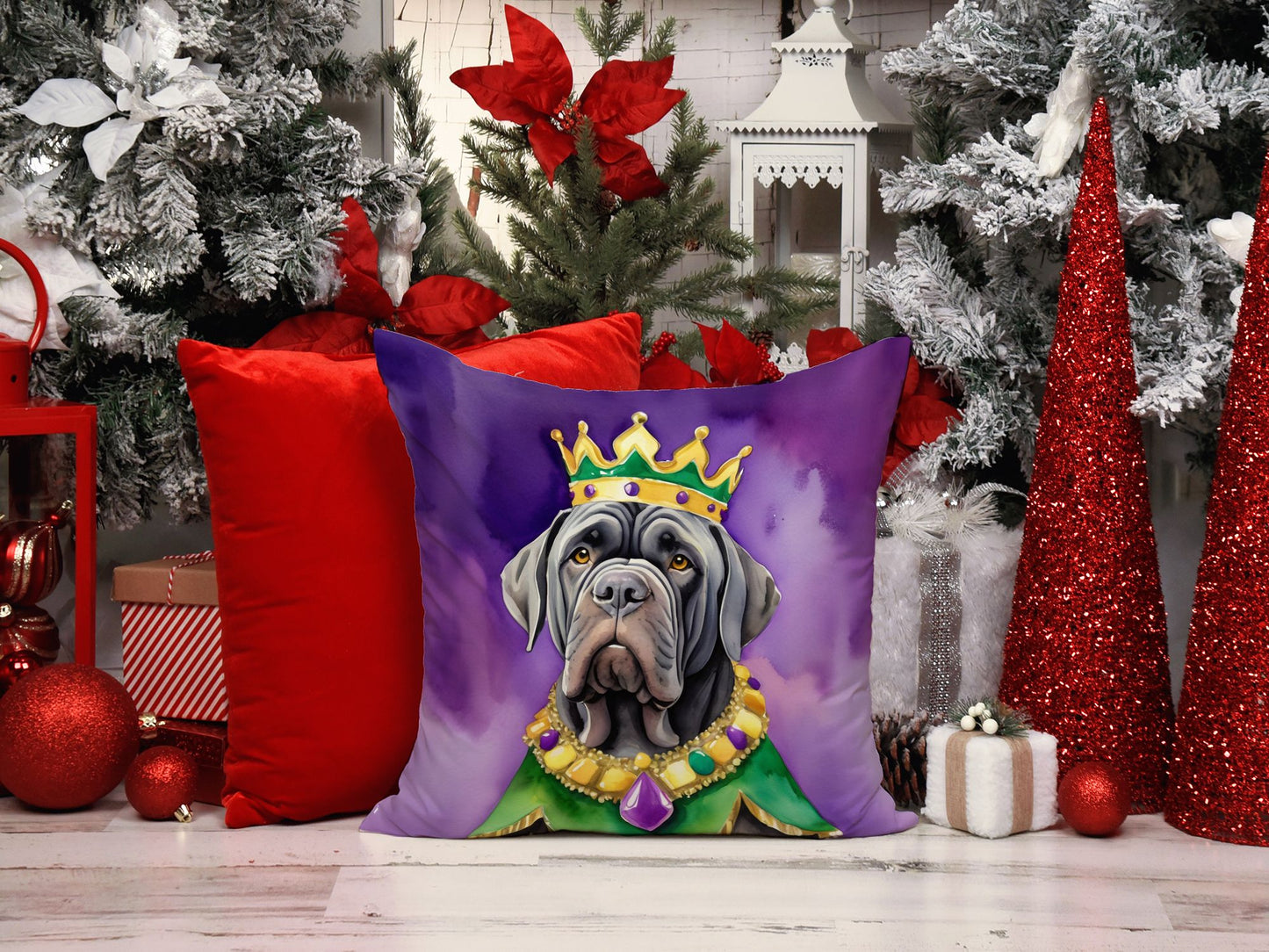 Neapolitan Mastiff King of Mardi Gras Throw Pillow Machine Washable, Indoor Outdoor Decorative Pillow for Couch, Bed or Patio, 14Hx14W