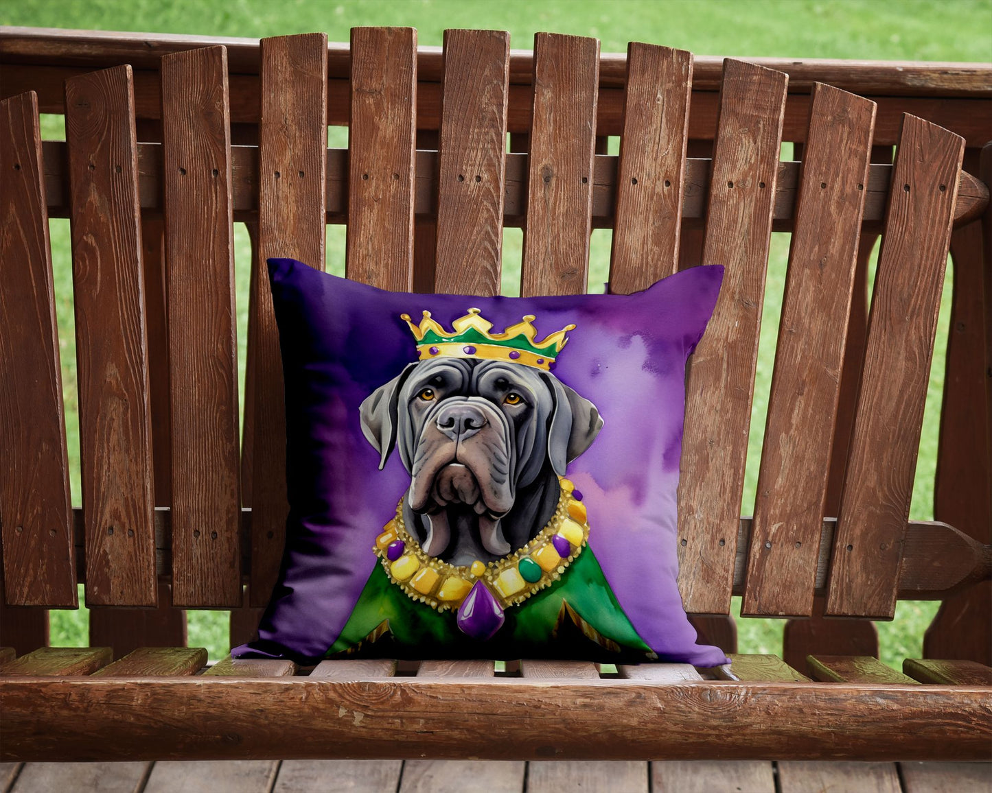Neapolitan Mastiff King of Mardi Gras Throw Pillow Machine Washable, Indoor Outdoor Decorative Pillow for Couch, Bed or Patio, 14Hx14W