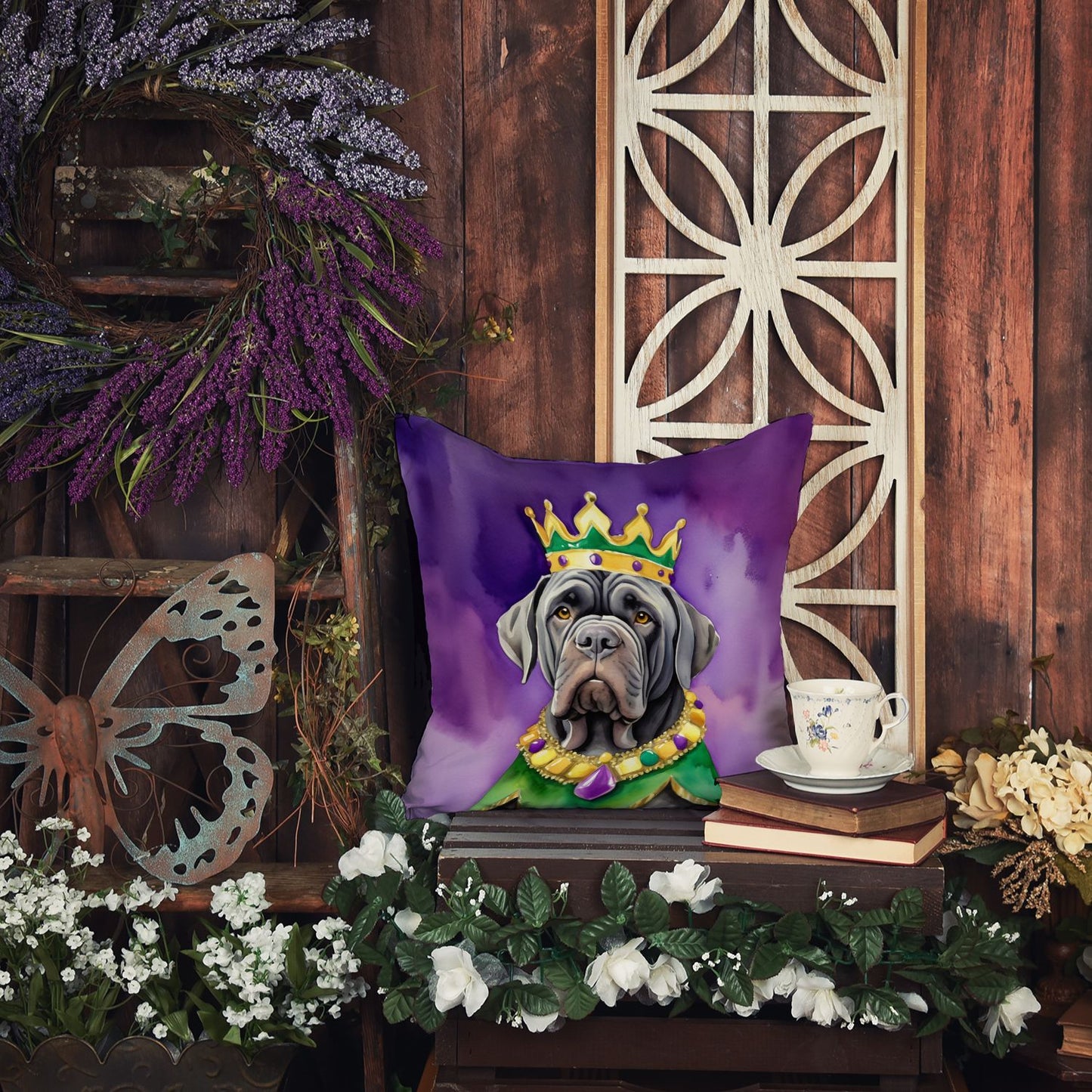 Neapolitan Mastiff King of Mardi Gras Throw Pillow Machine Washable, Indoor Outdoor Decorative Pillow for Couch, Bed or Patio, 14Hx14W