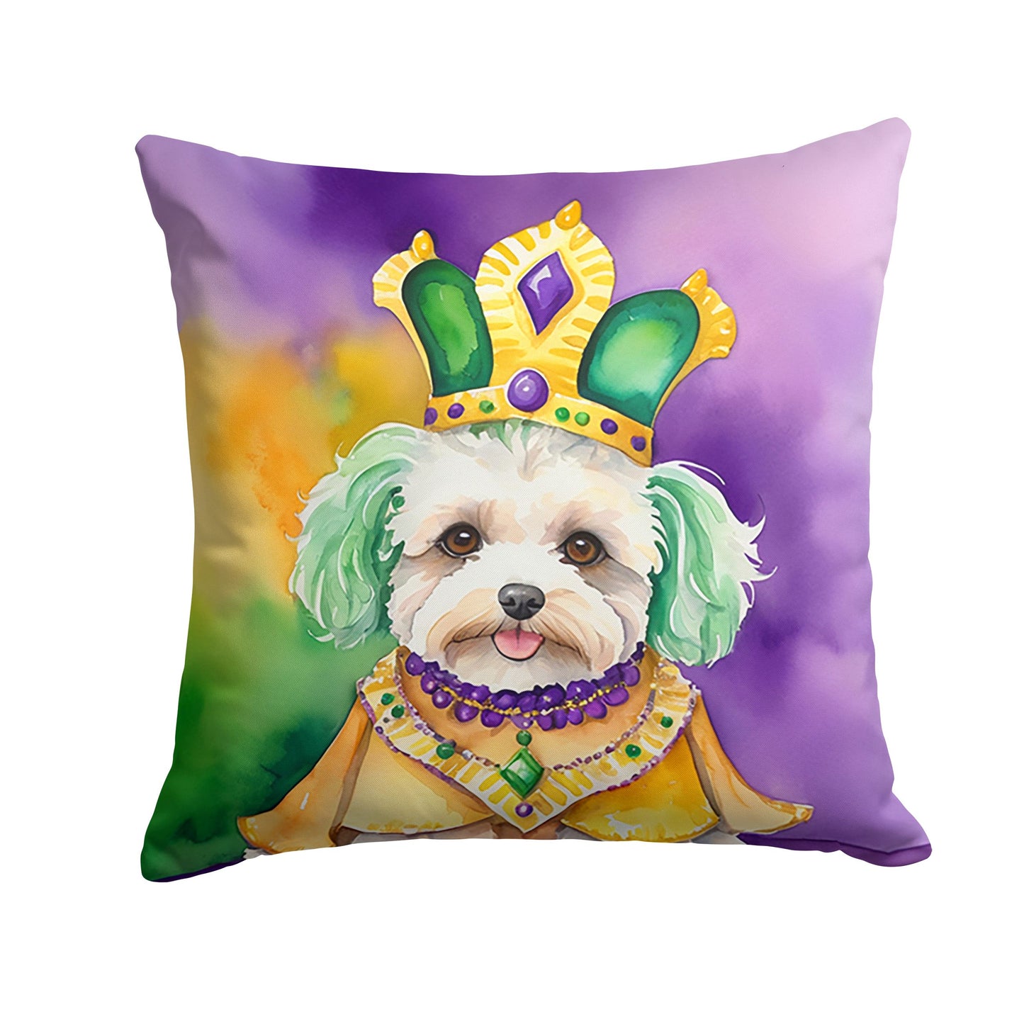 Maltipoo King of Mardi Gras Throw Pillow Machine Washable, Indoor Outdoor Decorative Pillow for Couch, Bed or Patio, 14Hx14W