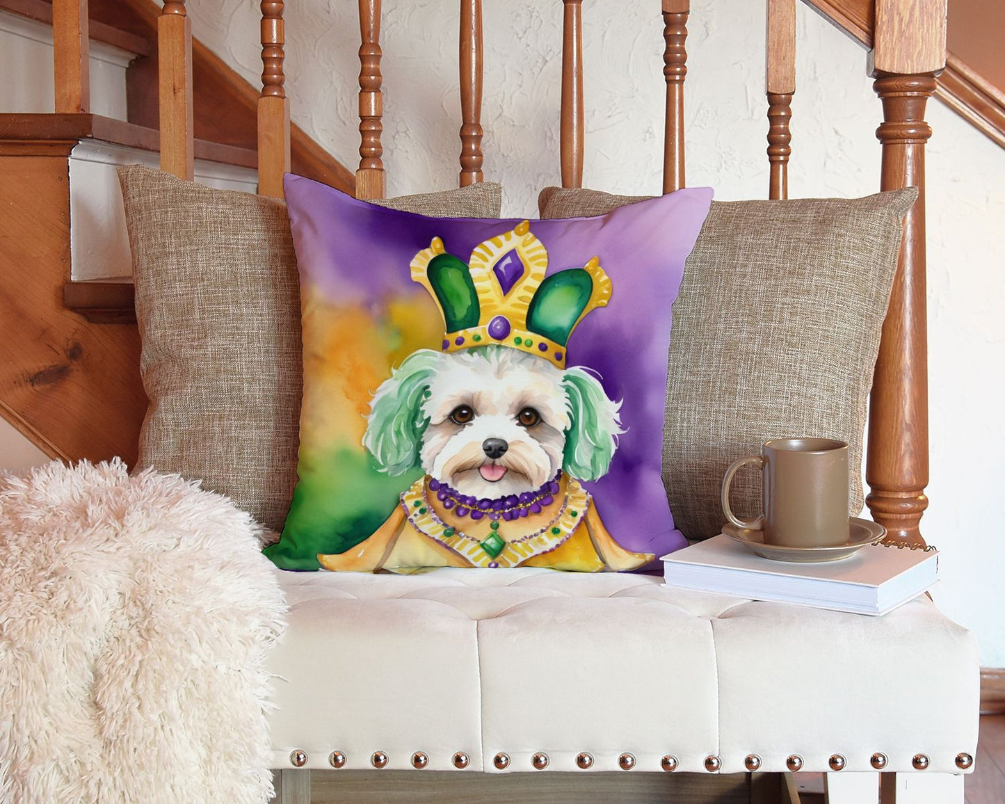 Maltipoo King of Mardi Gras Throw Pillow Machine Washable, Indoor Outdoor Decorative Pillow for Couch, Bed or Patio, 14Hx14W