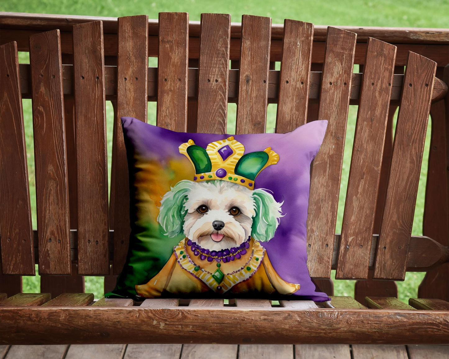 Maltipoo King of Mardi Gras Throw Pillow Machine Washable, Indoor Outdoor Decorative Pillow for Couch, Bed or Patio, 14Hx14W