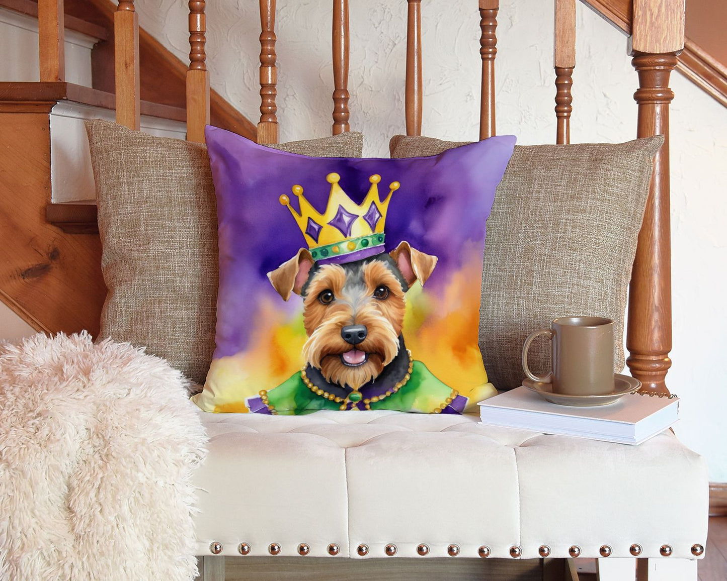 Welsh Terrier King of Mardi Gras Throw Pillow Machine Washable, Indoor Outdoor Decorative Pillow for Couch, Bed or Patio, 14Hx14W