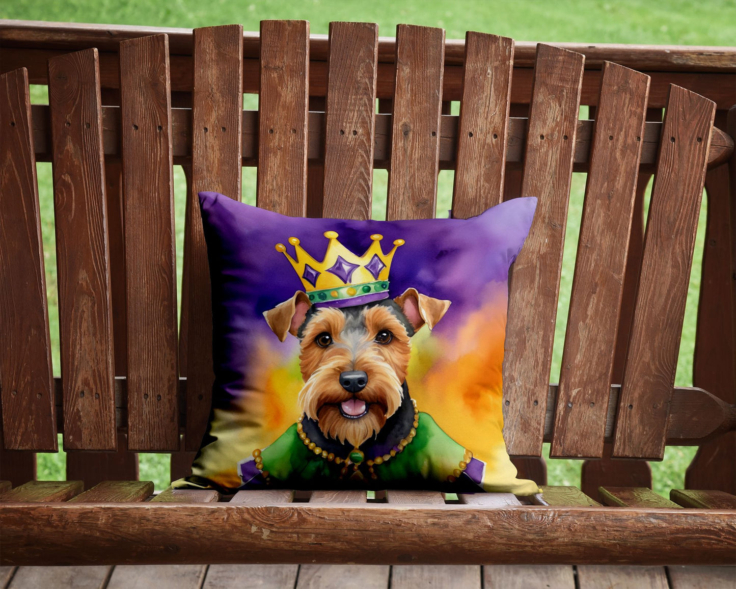 Welsh Terrier King of Mardi Gras Throw Pillow Machine Washable, Indoor Outdoor Decorative Pillow for Couch, Bed or Patio, 14Hx14W