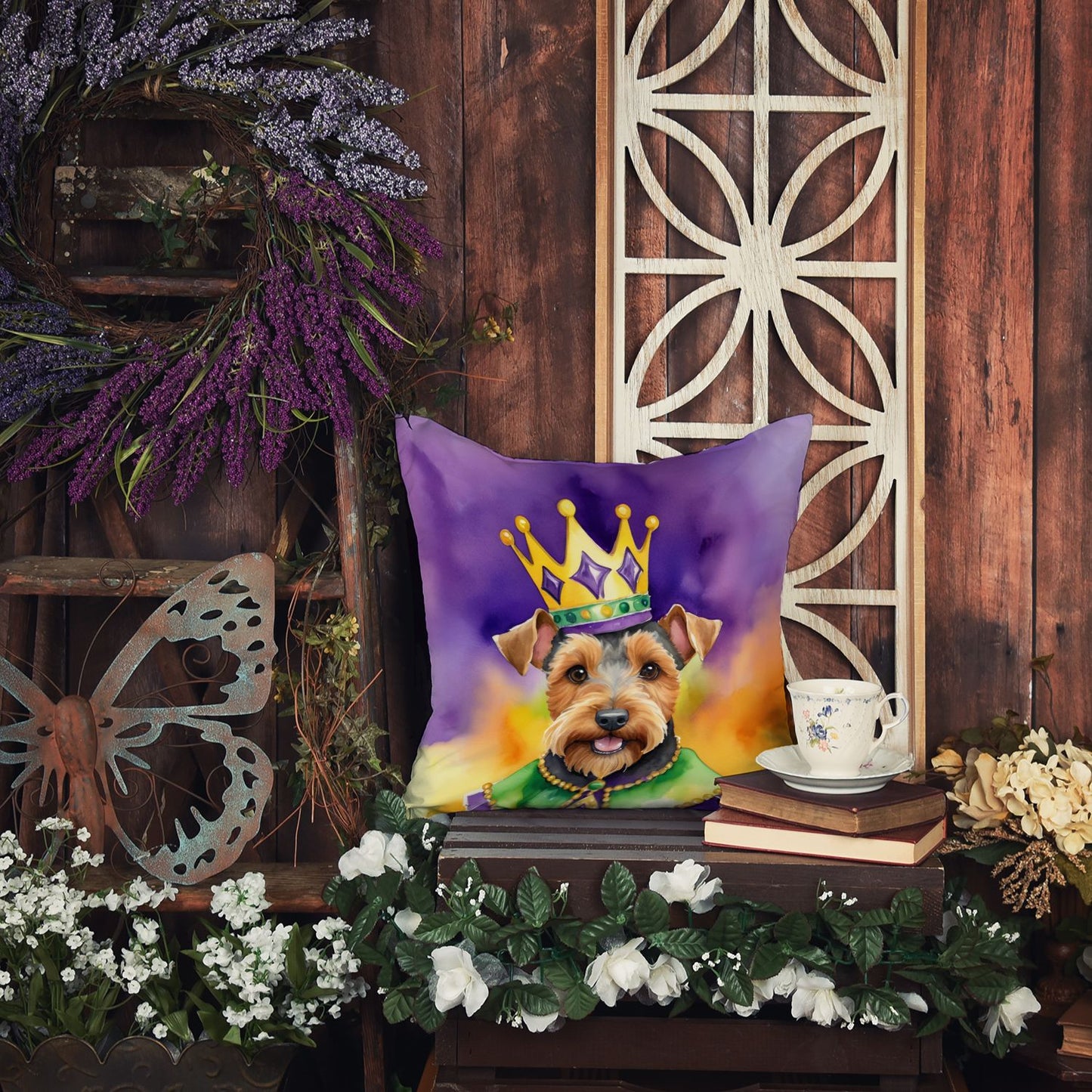 Welsh Terrier King of Mardi Gras Throw Pillow Machine Washable, Indoor Outdoor Decorative Pillow for Couch, Bed or Patio, 14Hx14W