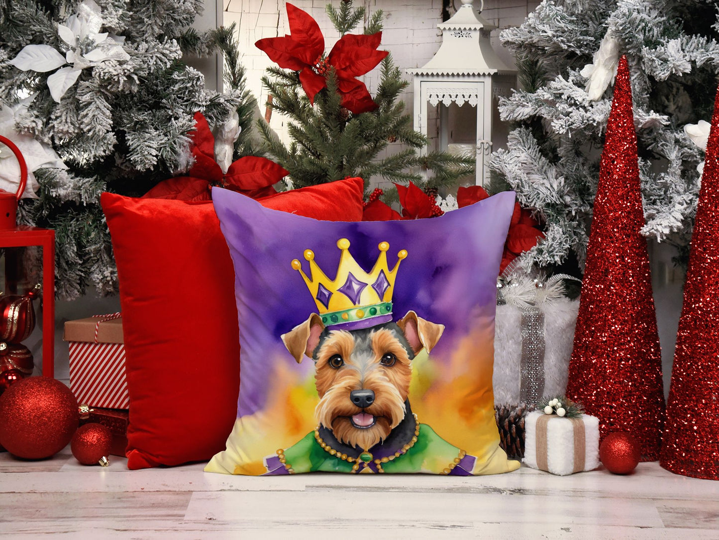 Welsh Terrier King of Mardi Gras Throw Pillow Machine Washable, Indoor Outdoor Decorative Pillow for Couch, Bed or Patio, 14Hx14W