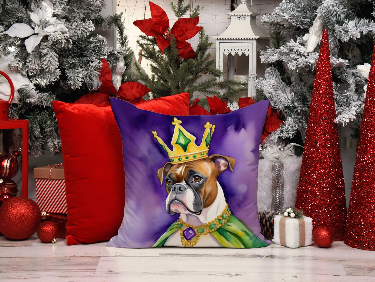 Boxer King of Mardi Gras Throw Pillow Machine Washable, Indoor Outdoor Decorative Pillow for Couch, Bed or Patio, 14Hx14W