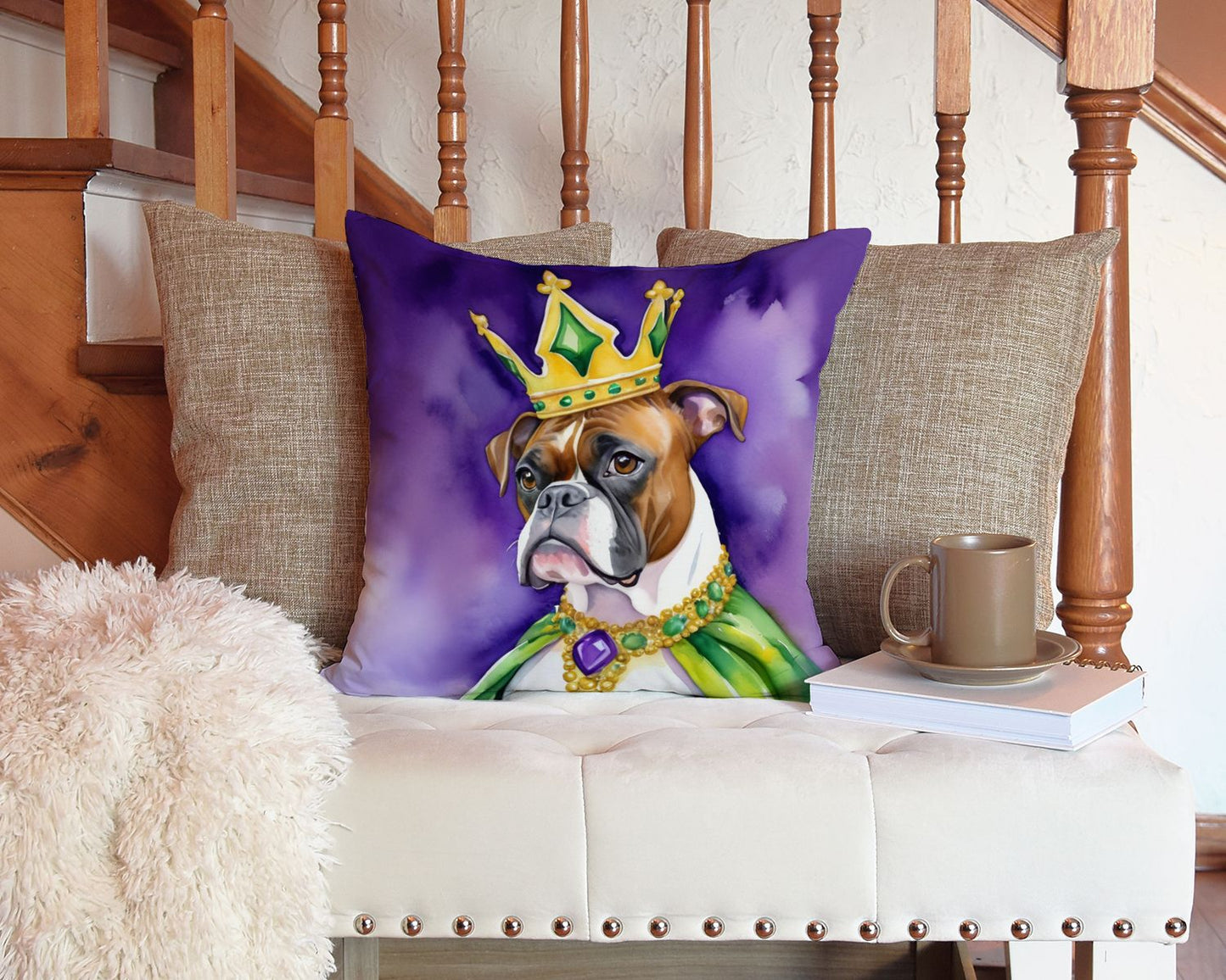 Boxer King of Mardi Gras Throw Pillow Machine Washable, Indoor Outdoor Decorative Pillow for Couch, Bed or Patio, 14Hx14W
