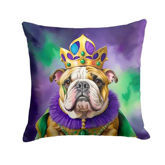 English Bulldog King of Mardi Gras Throw Pillow Machine Washable, Indoor Outdoor Decorative Pillow for Couch, Bed or Patio, 14Hx14W