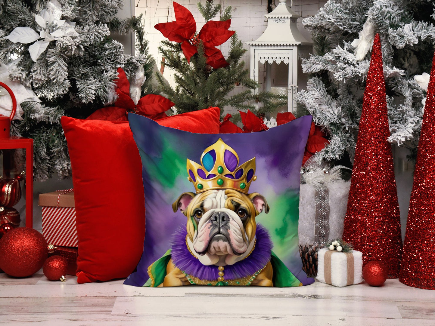 English Bulldog King of Mardi Gras Throw Pillow Machine Washable, Indoor Outdoor Decorative Pillow for Couch, Bed or Patio, 14Hx14W