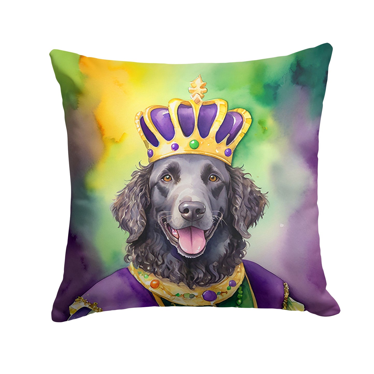 Curly-Coated Retriever King of Mardi Gras Throw Pillow Machine Washable, Indoor Outdoor Decorative Pillow for Couch, Bed or Patio, 14Hx14W