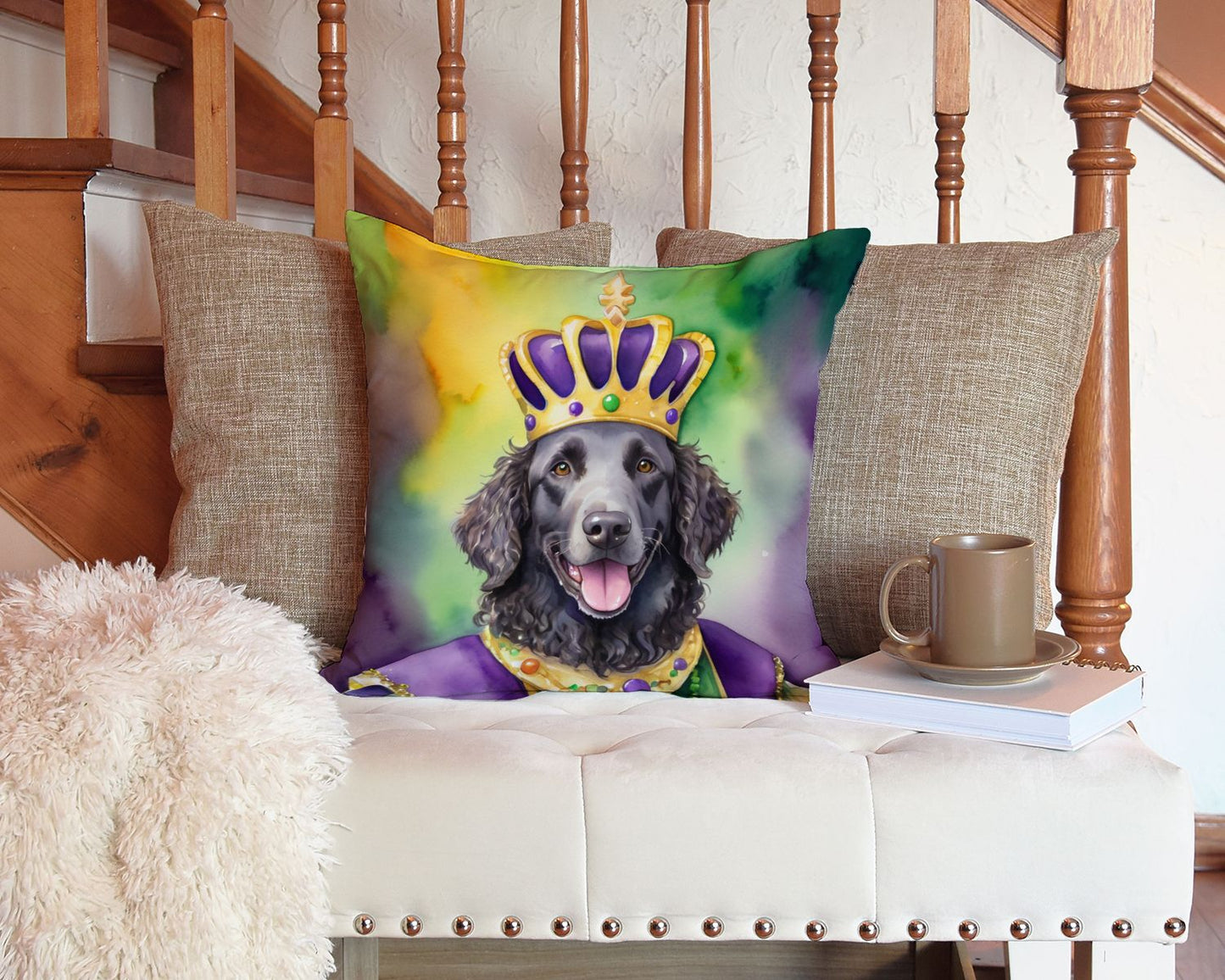 Curly-Coated Retriever King of Mardi Gras Throw Pillow Machine Washable, Indoor Outdoor Decorative Pillow for Couch, Bed or Patio, 14Hx14W
