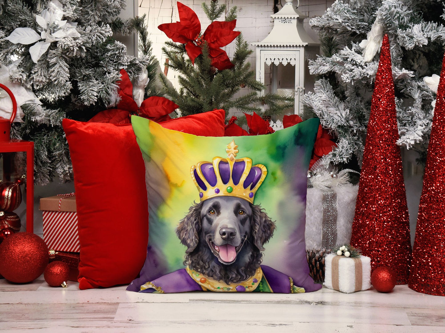 Curly-Coated Retriever King of Mardi Gras Throw Pillow Machine Washable, Indoor Outdoor Decorative Pillow for Couch, Bed or Patio, 14Hx14W