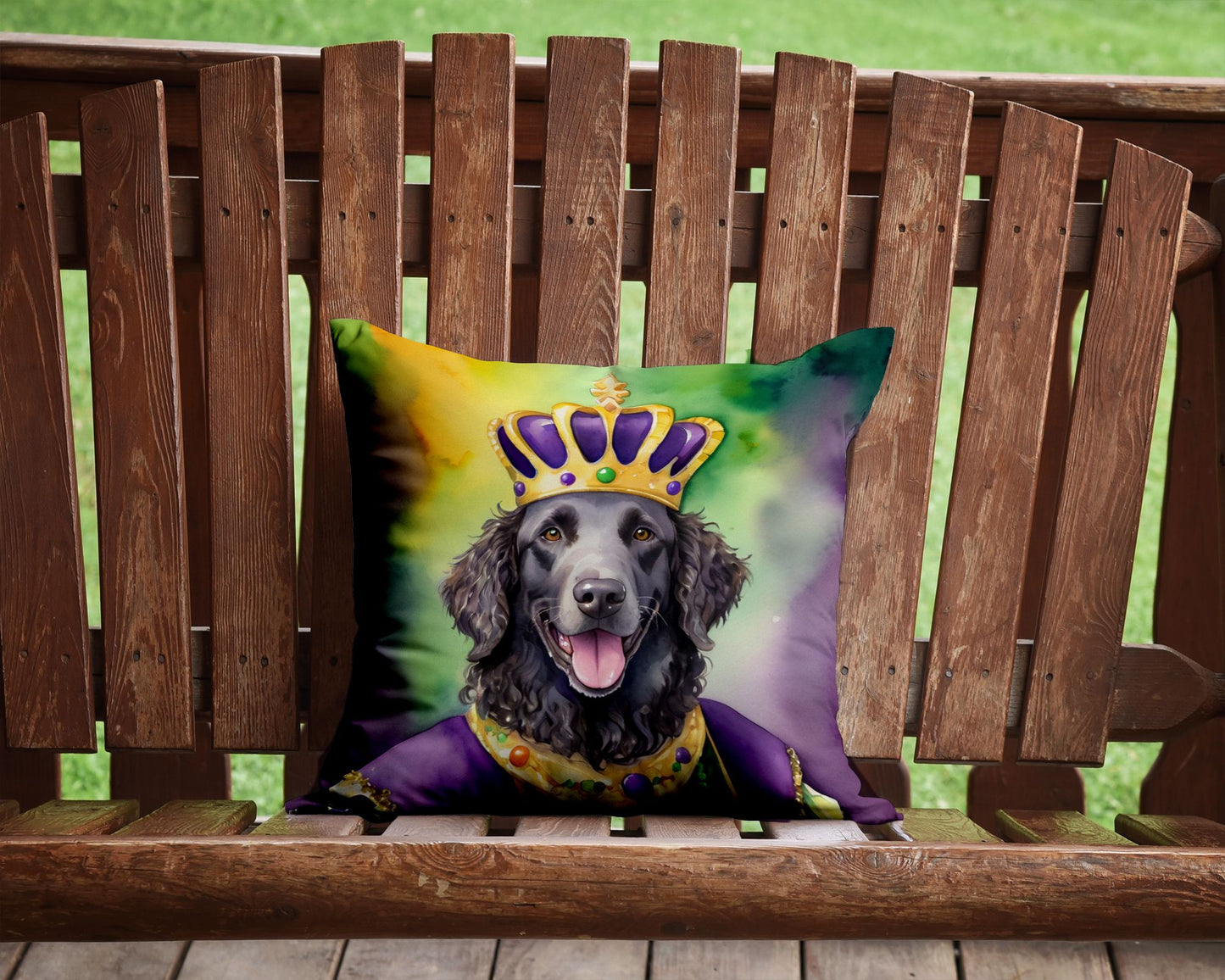 Curly-Coated Retriever King of Mardi Gras Throw Pillow Machine Washable, Indoor Outdoor Decorative Pillow for Couch, Bed or Patio, 14Hx14W