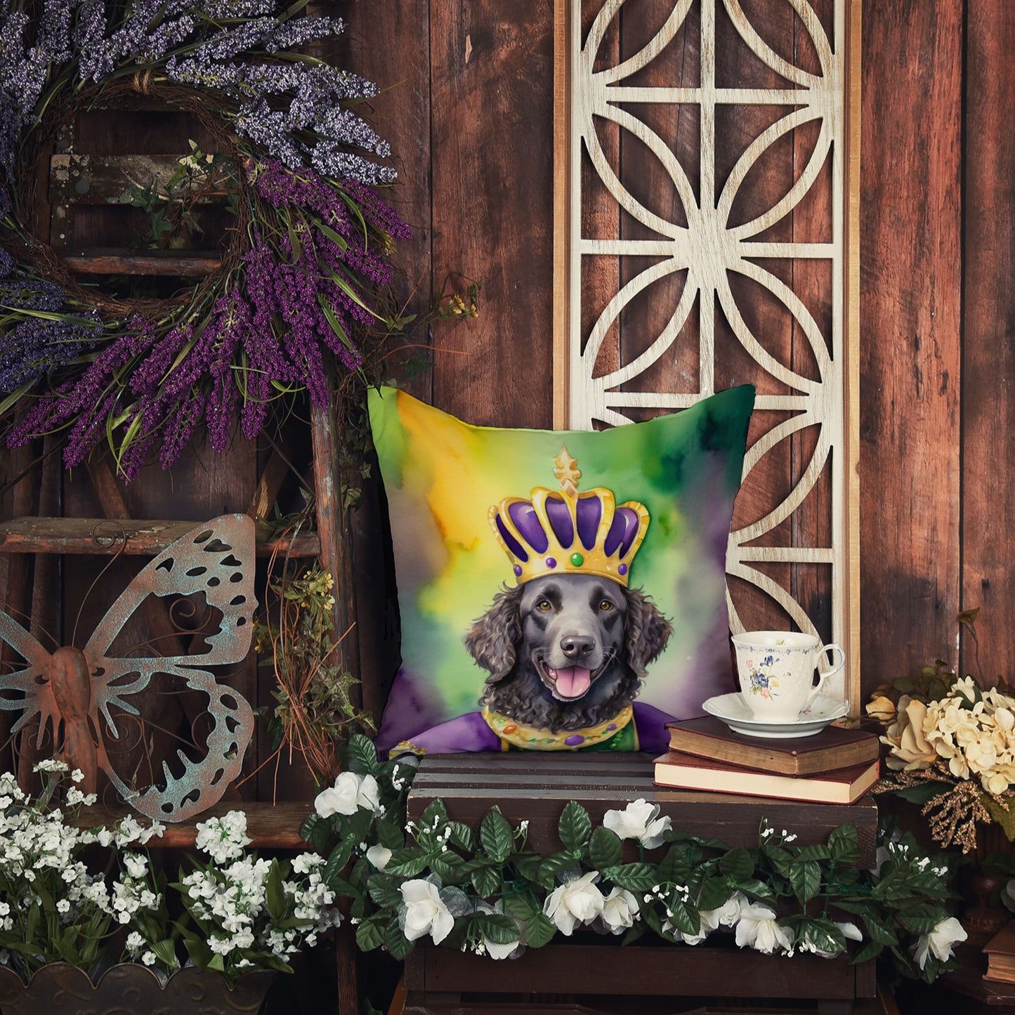 Curly-Coated Retriever King of Mardi Gras Throw Pillow Machine Washable, Indoor Outdoor Decorative Pillow for Couch, Bed or Patio, 14Hx14W