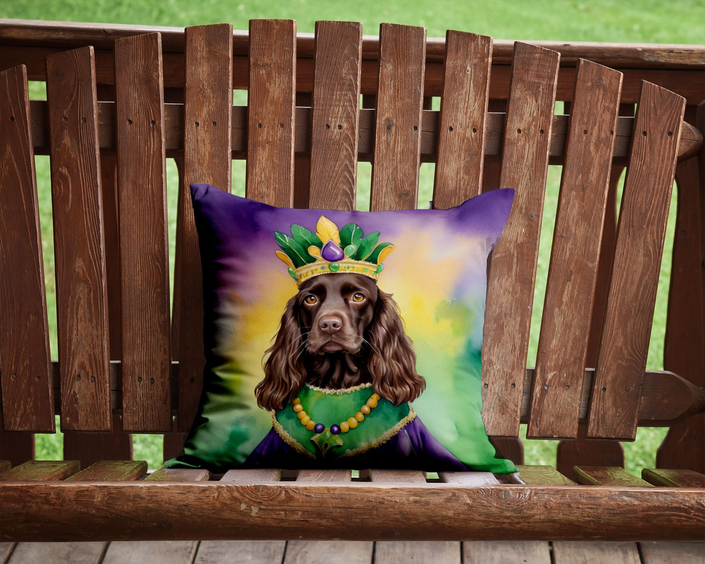 Boykin Spaniel King of Mardi Gras Throw Pillow Machine Washable, Indoor Outdoor Decorative Pillow for Couch, Bed or Patio, 14Hx14W