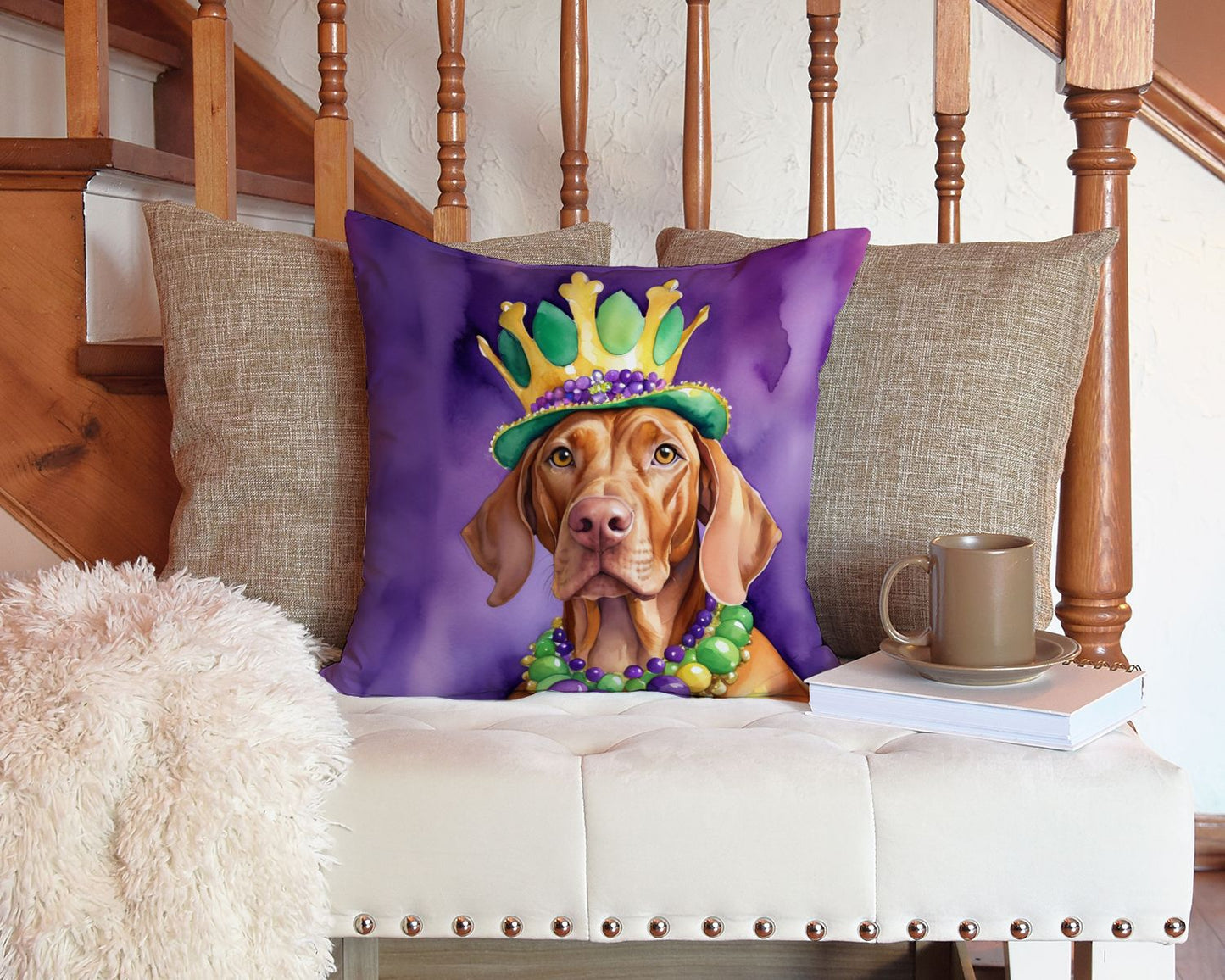 Vizsla King of Mardi Gras Throw Pillow Machine Washable, Indoor Outdoor Decorative Pillow for Couch, Bed or Patio, 14Hx14W