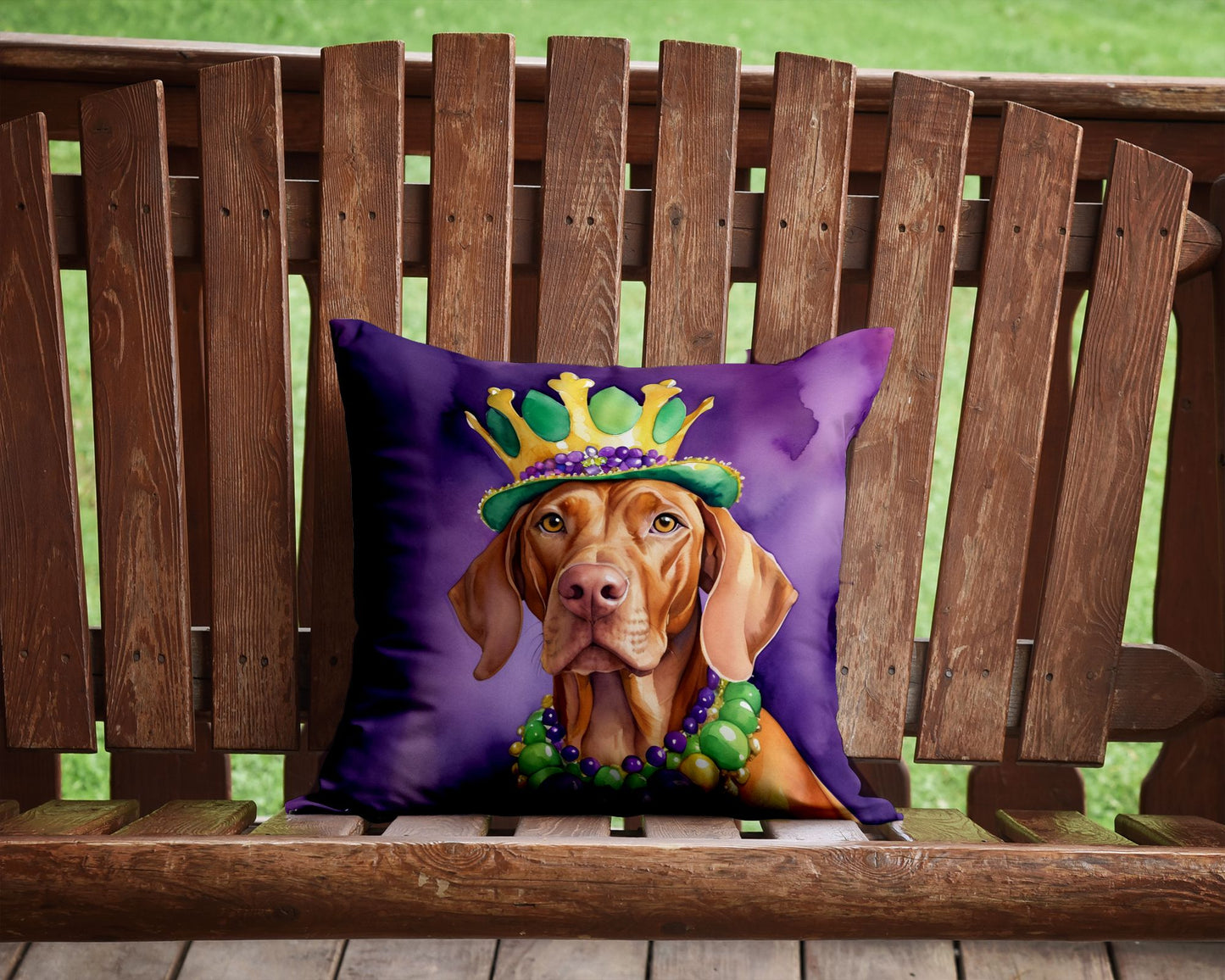 Vizsla King of Mardi Gras Throw Pillow Machine Washable, Indoor Outdoor Decorative Pillow for Couch, Bed or Patio, 14Hx14W
