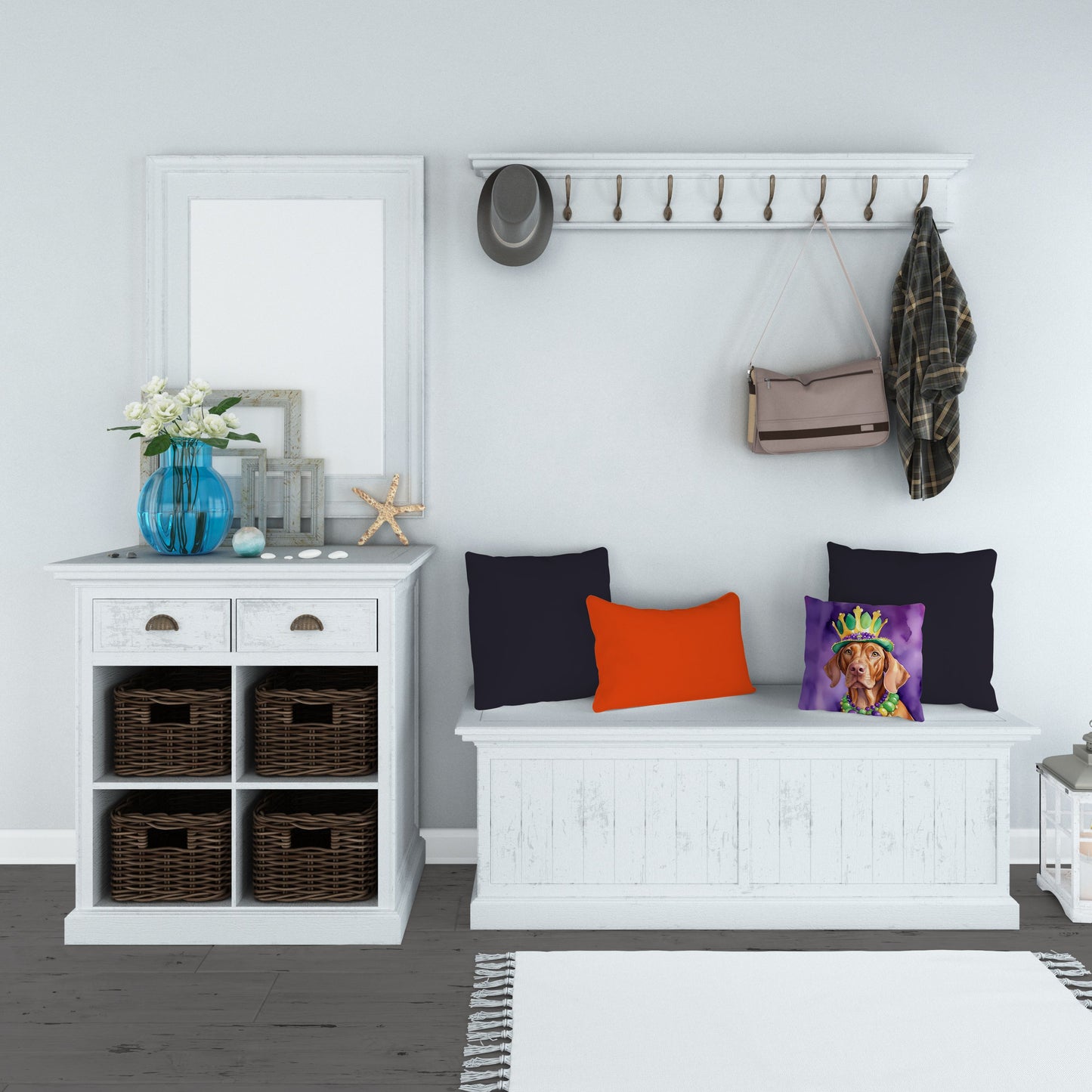 Vizsla King of Mardi Gras Throw Pillow Machine Washable, Indoor Outdoor Decorative Pillow for Couch, Bed or Patio, 14Hx14W