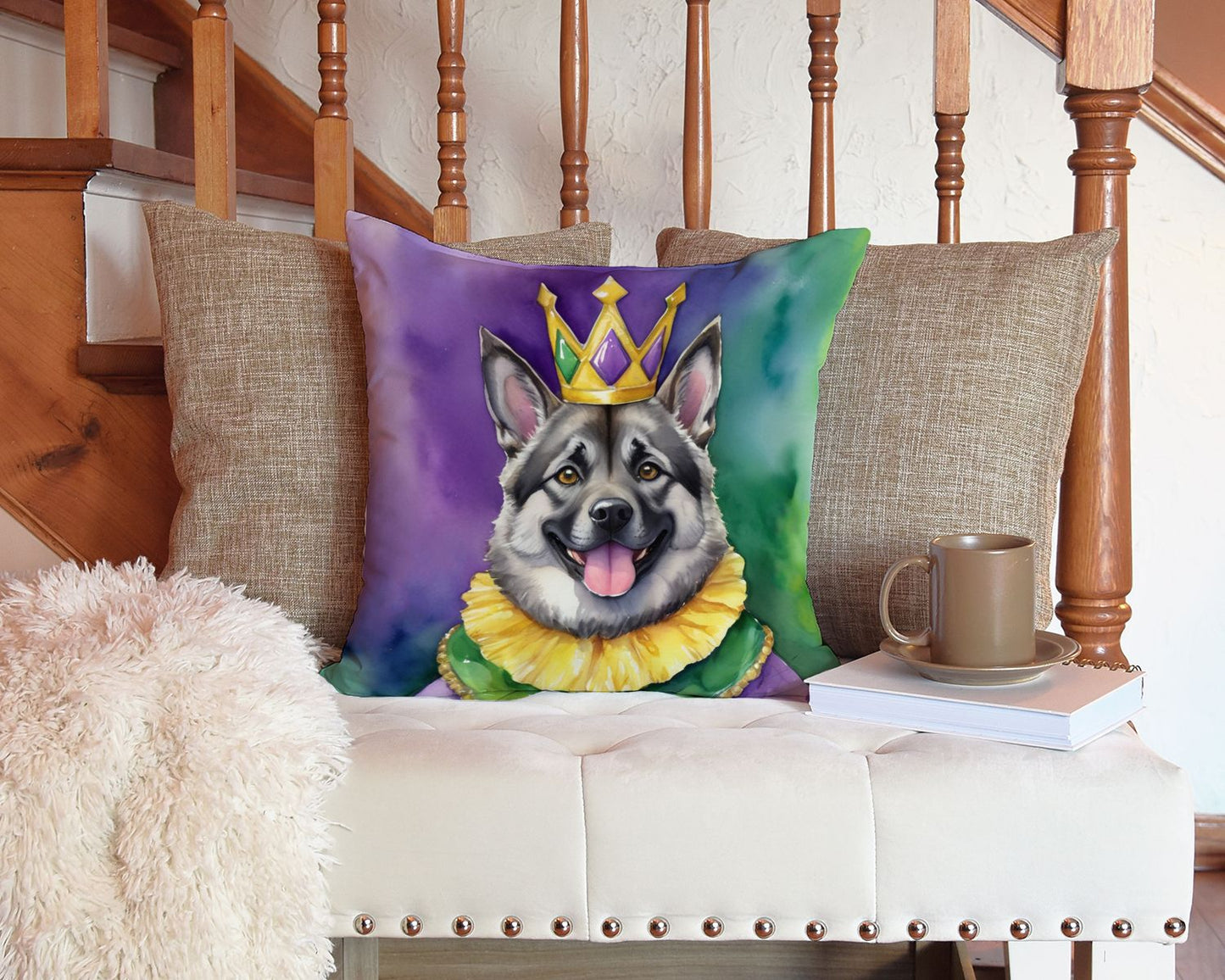 Norwegian Elkhound King of Mardi Gras Throw Pillow Machine Washable, Indoor Outdoor Decorative Pillow for Couch, Bed or Patio, 14Hx14W