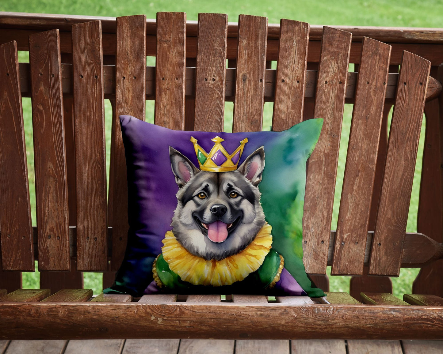Norwegian Elkhound King of Mardi Gras Throw Pillow Machine Washable, Indoor Outdoor Decorative Pillow for Couch, Bed or Patio, 14Hx14W