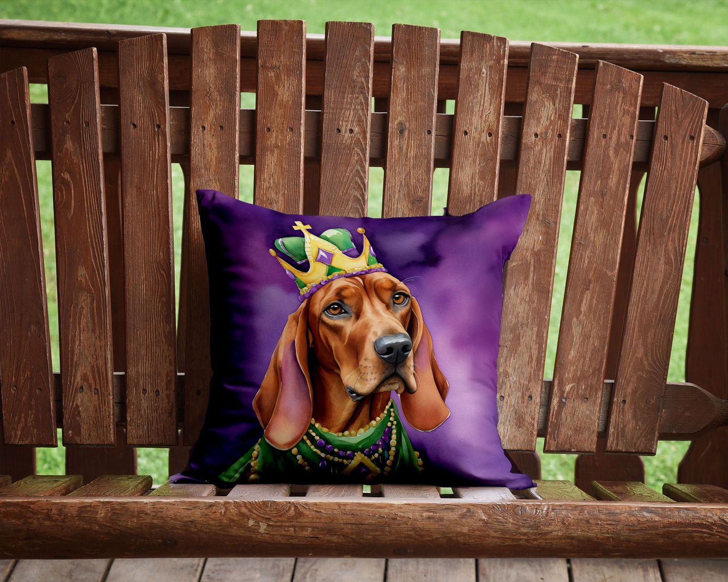 Redbone Coonhound King of Mardi Gras Throw Pillow Machine Washable, Indoor Outdoor Decorative Pillow for Couch, Bed or Patio, 14Hx14W
