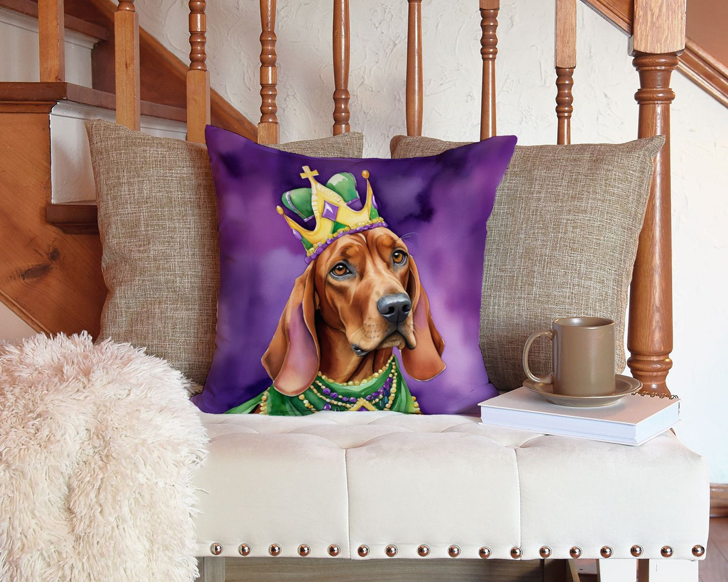 Redbone Coonhound King of Mardi Gras Throw Pillow Machine Washable, Indoor Outdoor Decorative Pillow for Couch, Bed or Patio, 14Hx14W