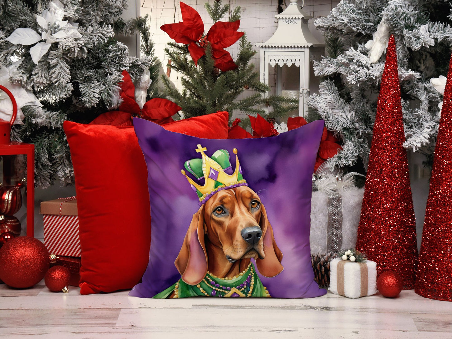 Redbone Coonhound King of Mardi Gras Throw Pillow Machine Washable, Indoor Outdoor Decorative Pillow for Couch, Bed or Patio, 14Hx14W