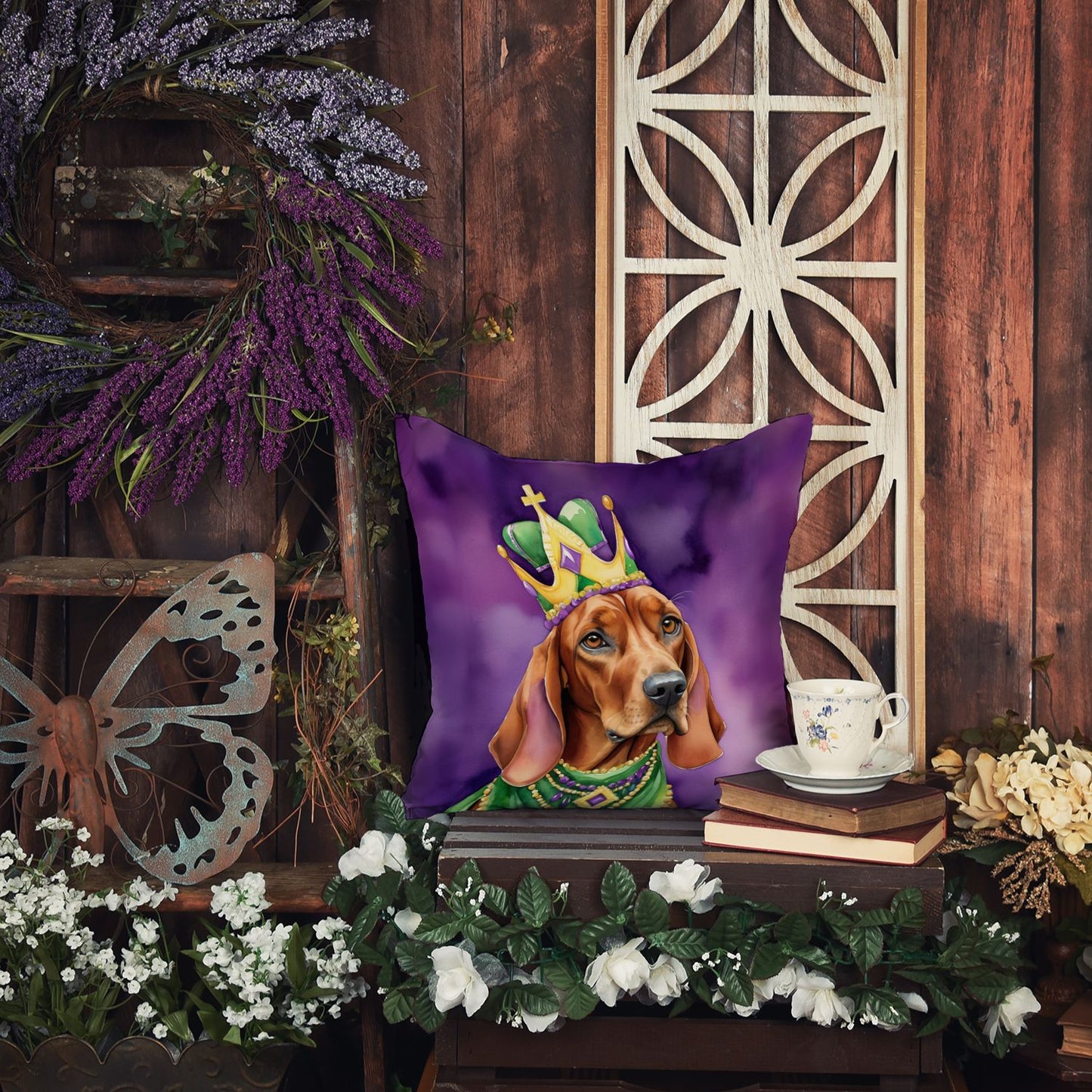 Redbone Coonhound King of Mardi Gras Throw Pillow Machine Washable, Indoor Outdoor Decorative Pillow for Couch, Bed or Patio, 14Hx14W