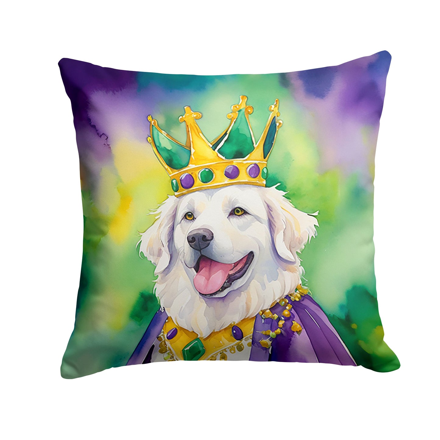 Kuvasz King of Mardi Gras Throw Pillow Machine Washable, Indoor Outdoor Decorative Pillow for Couch, Bed or Patio, 14Hx14W